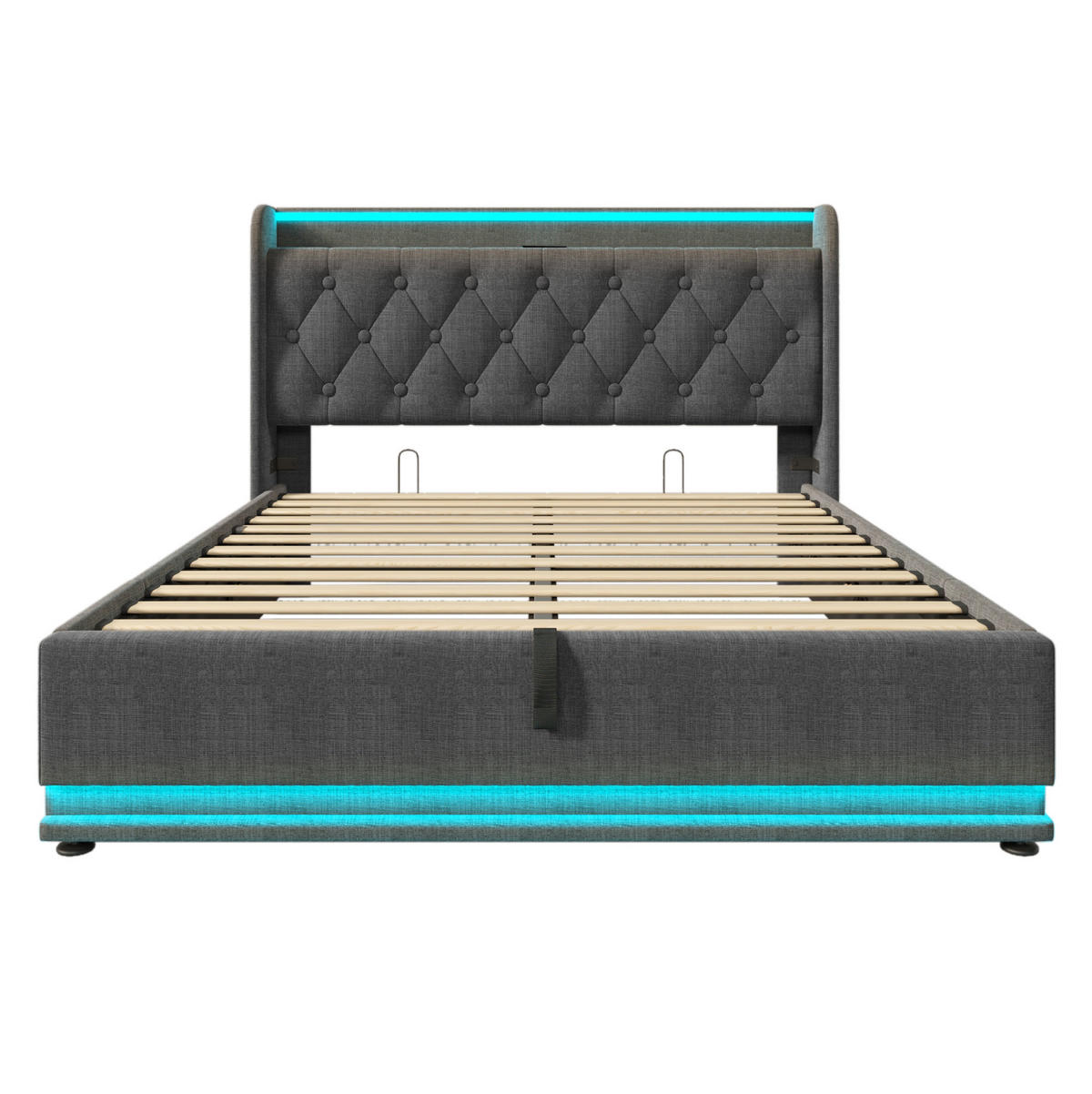 POLSTERBETT aus Leinen 140x200 cm Grau mit Bettkasten, LED-Beleuchtung, USB- und USB-C-Anschluss - Grau, Textil (140/200cm) - IVMEU