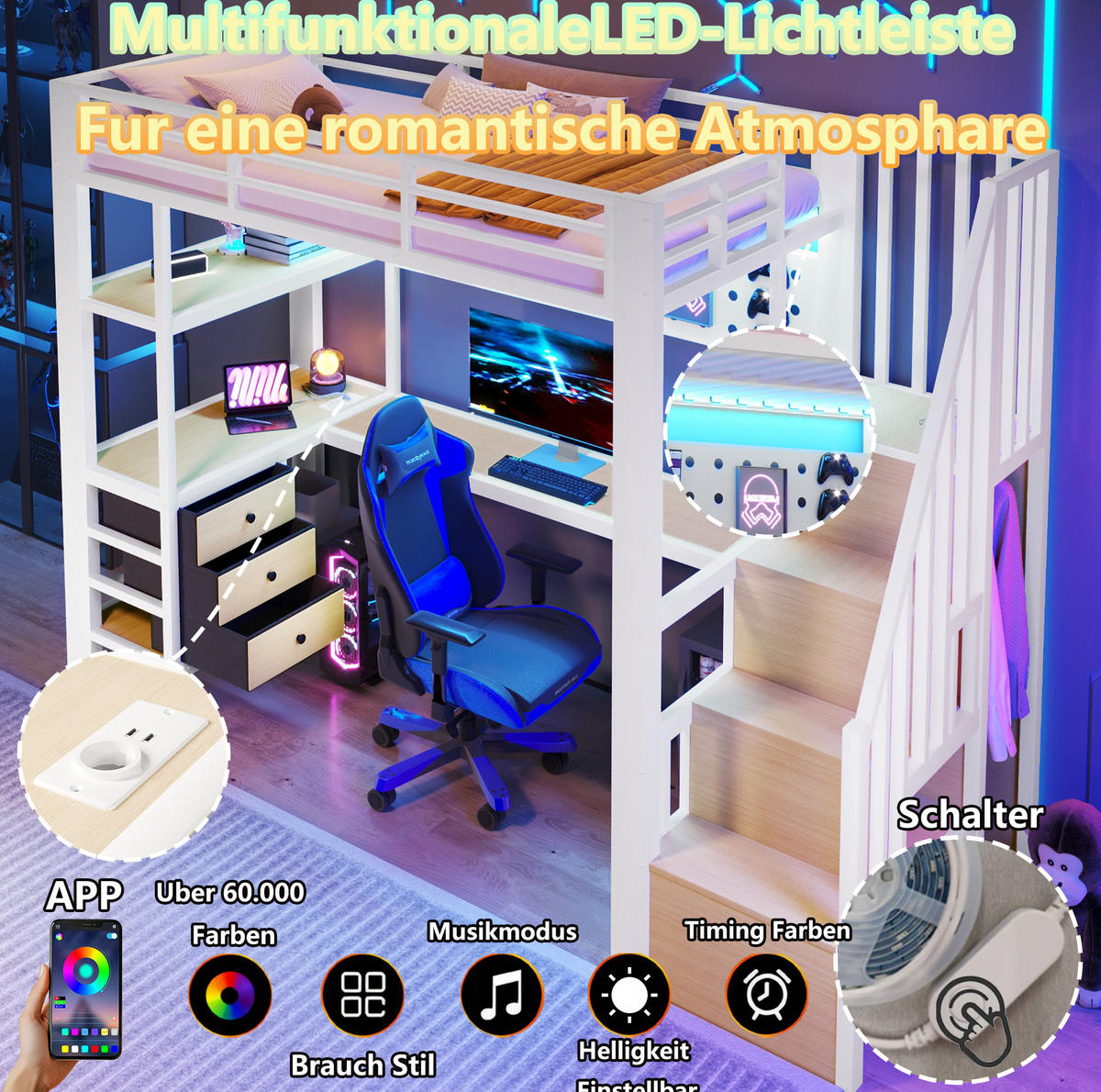 HOCHBETT 90/200 cm weiß aus Metall und MDF mit Schreibtisch - Weiß, Holzwerkstoff (90/200cm) - OKWISH