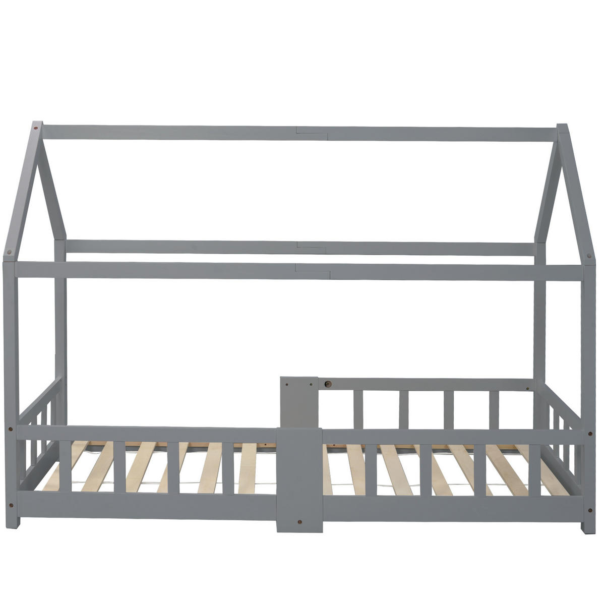 HAUSBETT 90/200 cm Grau aus Kiefer Massivholz mit Tafel und Rausfallschutz - Grau, Holzwerkstoff (90/200cm) - OKWISH