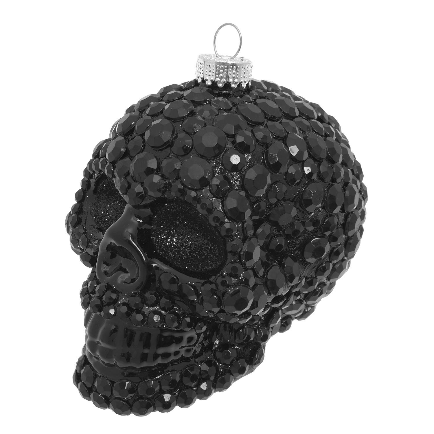 CHRISTBAUMSCHMUCK Totenkopf mit Strasssteinen Schwarz 9cm (Glas / 1 Stk.) - Schwarz, Glas (7/9/8cm) - Krebs Glas Lauscha