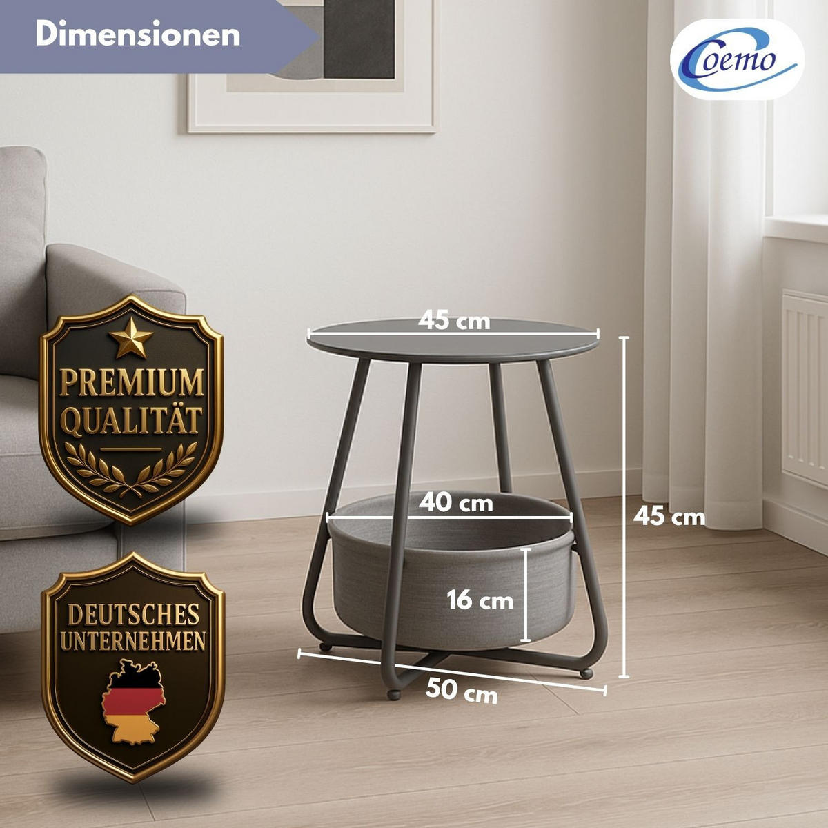 COUCHTISCH KOSI Metall mit Aufbewahrungskorb Canvas Grau - Grau, Metall (50/50/45cm) - Coemo