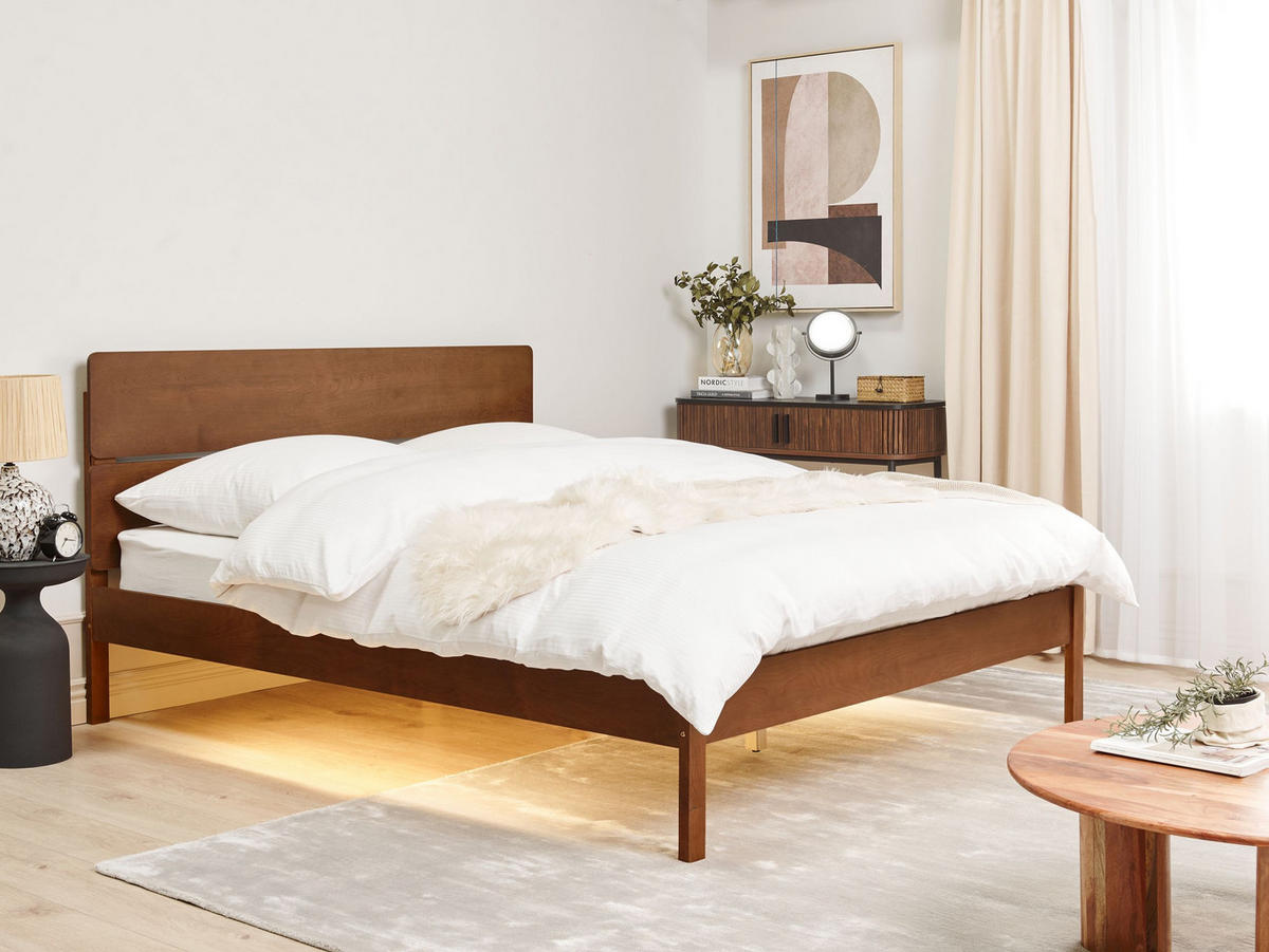 BETT mit LED 160x200 cm Braun Boisset - Braun, Holz (160/200cm) - Beliani