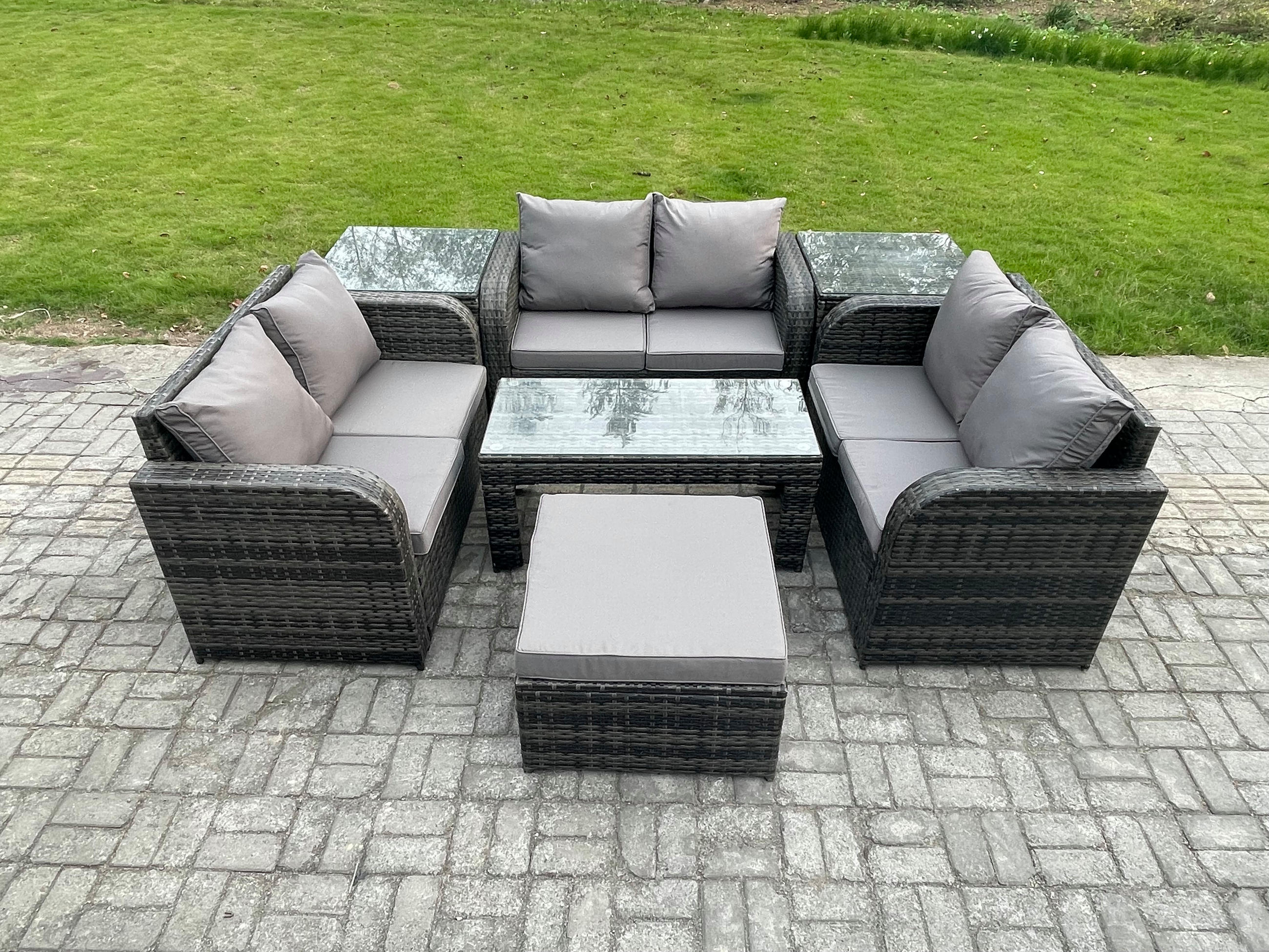 GARTENSOFA SET mit rechteckigem COUCHTISCH Polyrattan 7-Sitzer Dunkelgrau - Dunkelgrau/Grau, Glas/Kunststoff - Fimous
