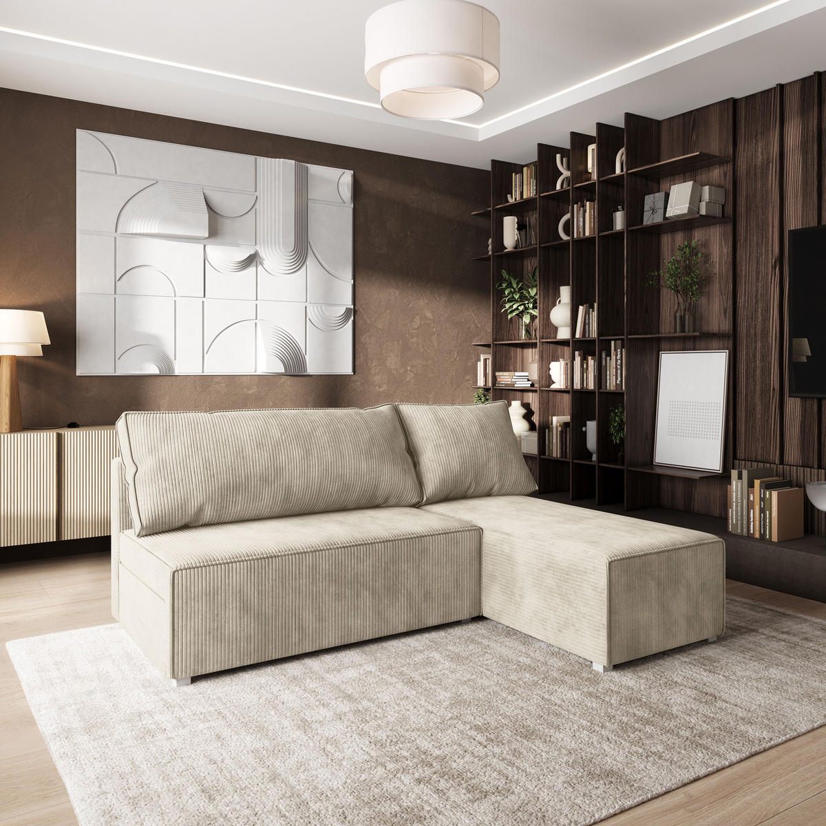 ROHOVÁ SEDAČKA BRISO krémová - šedá/krémová, dřevo/textil (200/140cm) - MASSENO