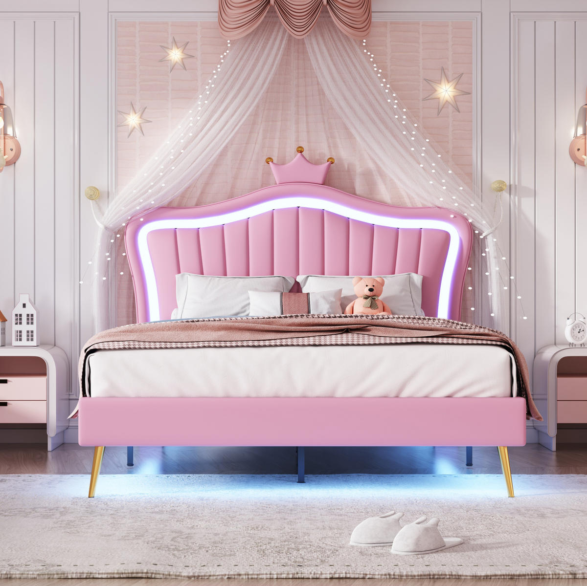 KINDERBETT aus Kunstleder 140x200 cm in Rosa mit LED-Beleuchtung - Rosa, Leder (140/200cm) - Modfu