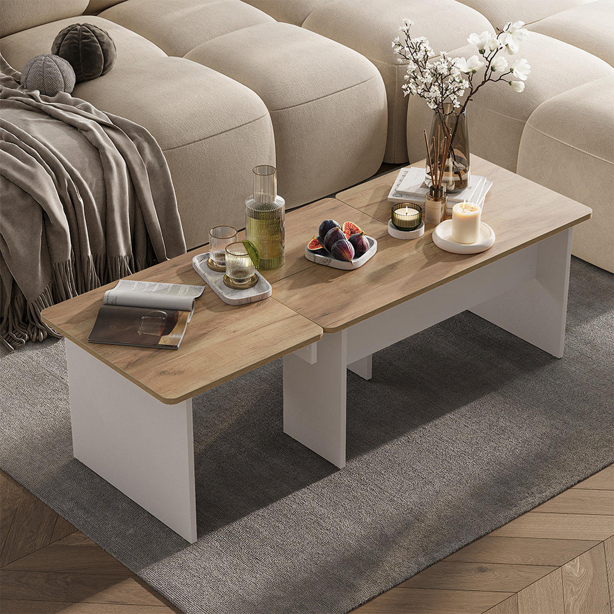 COUCHTISCH-SET Duvo, Goldkraft Eiche/Weiß, 135 x 50 cm 2er Set - Honigeiche/Weiß, Holzwerkstoff (50/135/42cm) - Vicco