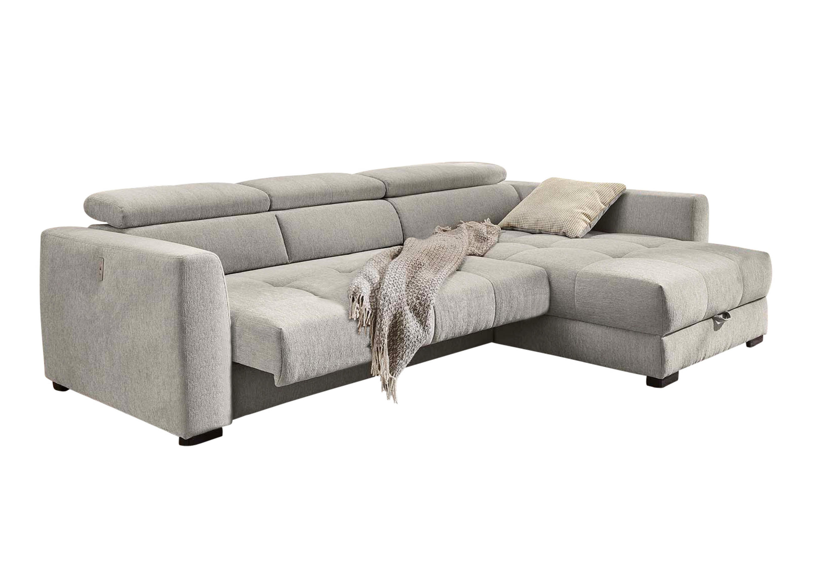 ECKSOFA mit elektrischer Sitztiefenverstellung, Kopflehnen verstellbar, USB-Ladefunktion, Bettkasten B300/T196/H103 cm, Chenille Grau / 15408 - Schwarz/Grau, Kunststoff/Textil (300/196cm) - luma-home