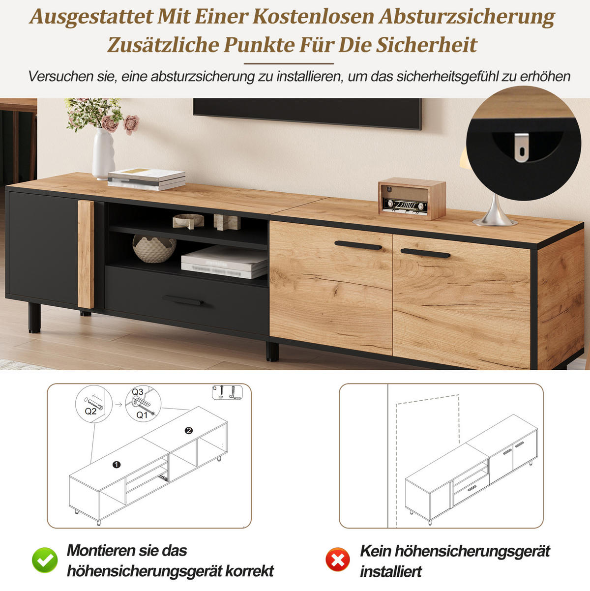 TV-LOWBOARD 180/32,5/50 cm schwarz-Holzoptik aus Spanplatte mit 3 Türen - Schwarz, Holzwerkstoff (180/50/32.5cm) - OKWISH