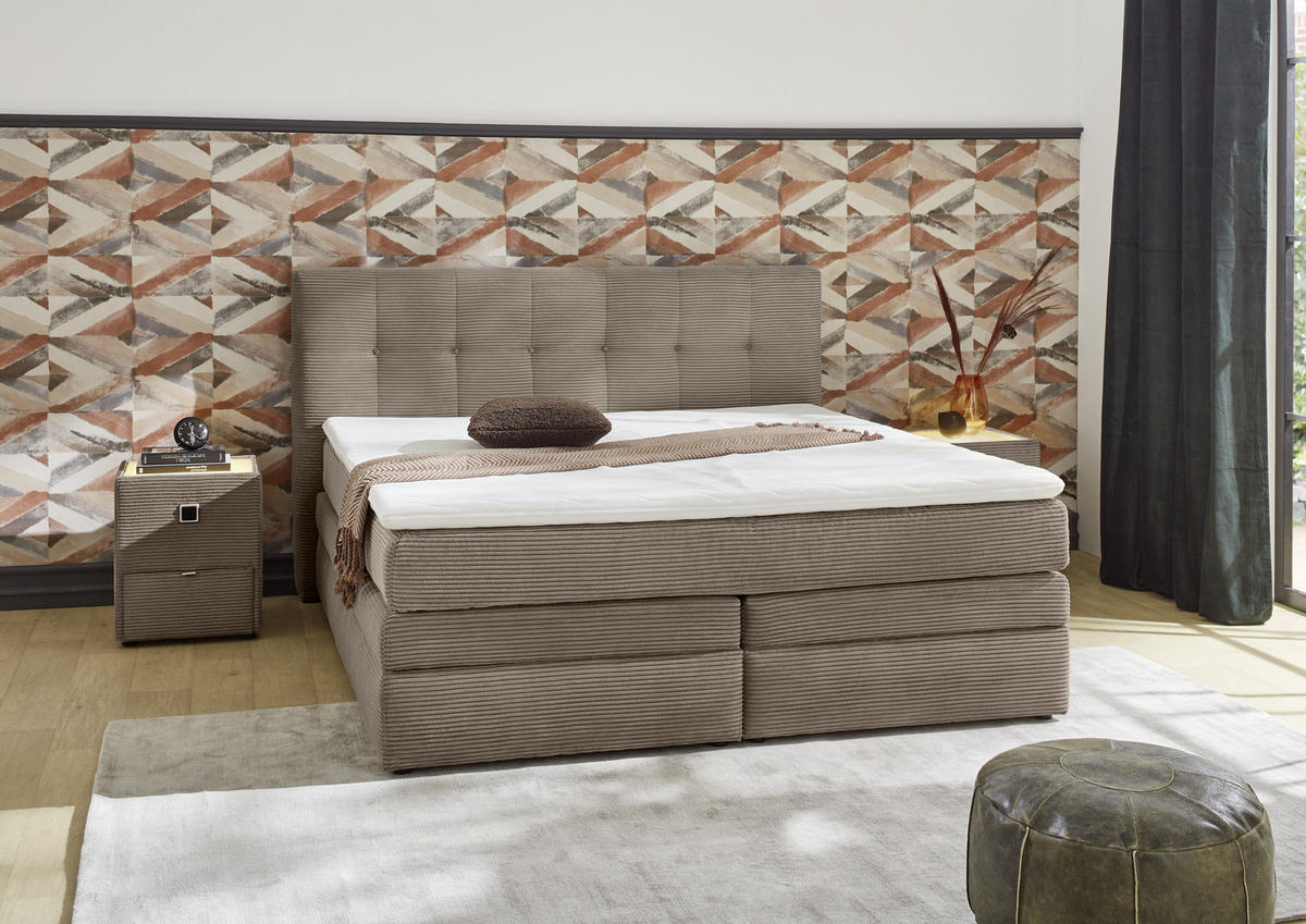 BOXSPRINGBETT 180x200 cm, 7-Zonen-Tonnentaschen-Federkernmatratzen H3, Topper, Bonell-Federkern, 2 Bettkästen, Cord Braun Taupe / 20040 - Schwarz/Braun, Kunststoff/Textil (180/200cm) - luma-home