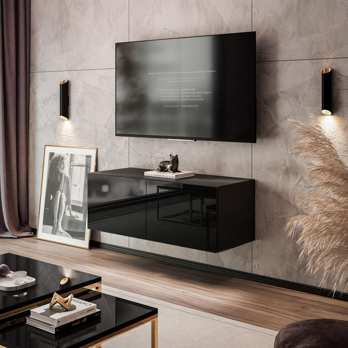 HÄNGESCHRANK TV-Möbel COLGANTE 100 cm mit LED Beleuchtung - Schwarz Hochglanz, Holzwerkstoff (100/36/40cm) - Lookway