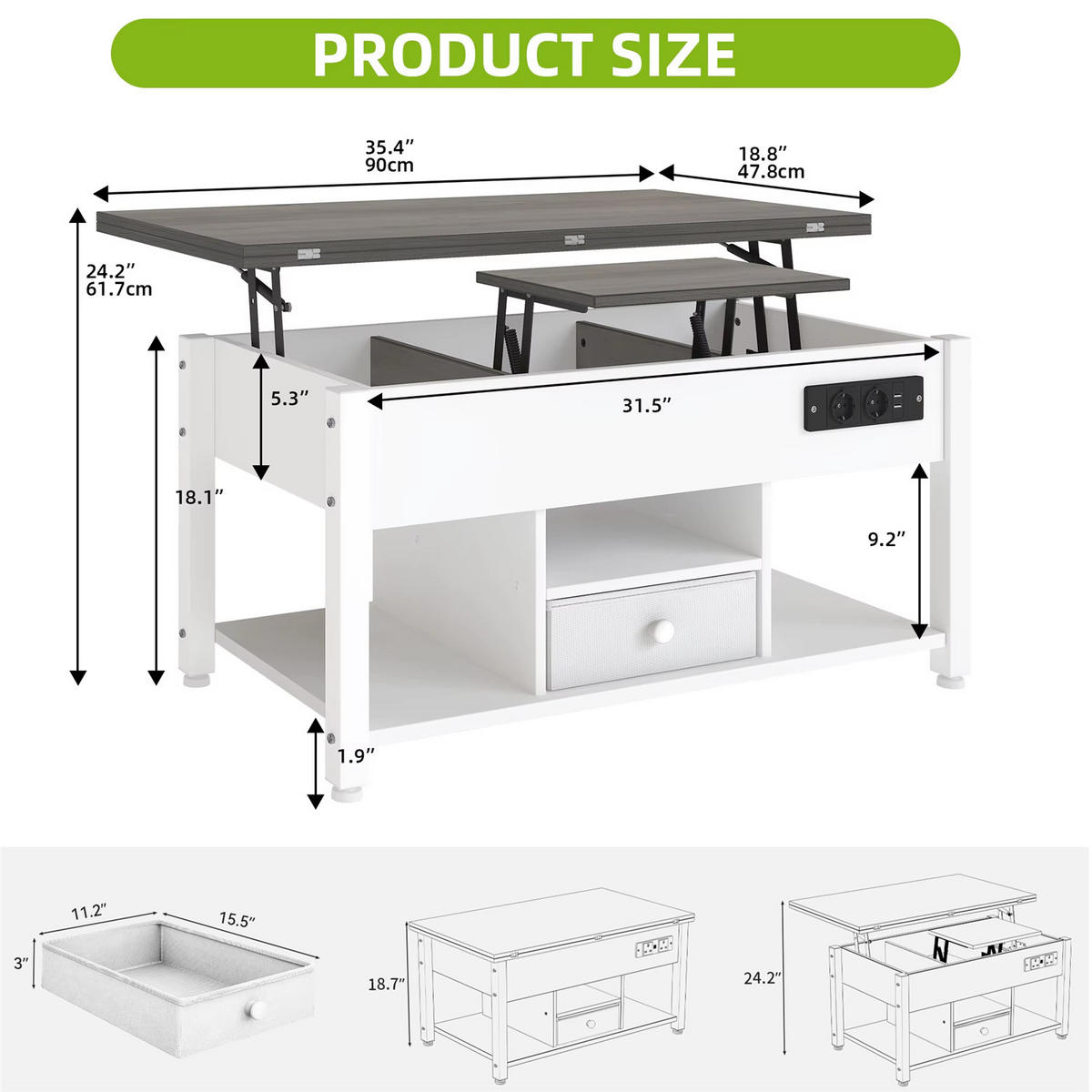 COUCHTISCH 4-in-1 höhenverstellbar LED Stauraum Weiß/Grau - Weiß, Holz (90/47.8/61.7cm) - Kaket
