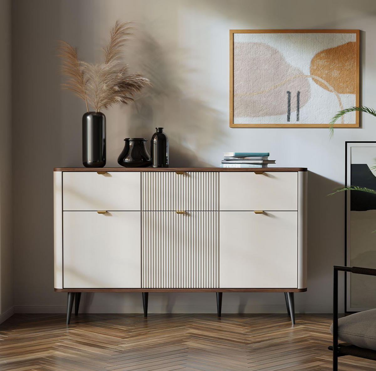 KOMMODE Marly Kaschmir / Walnuss 130 / 40 / 82cm - Kaschmir/Beige, Holz/Holzwerkstoff (130/82/40cm) - Feldmann-Wohnen