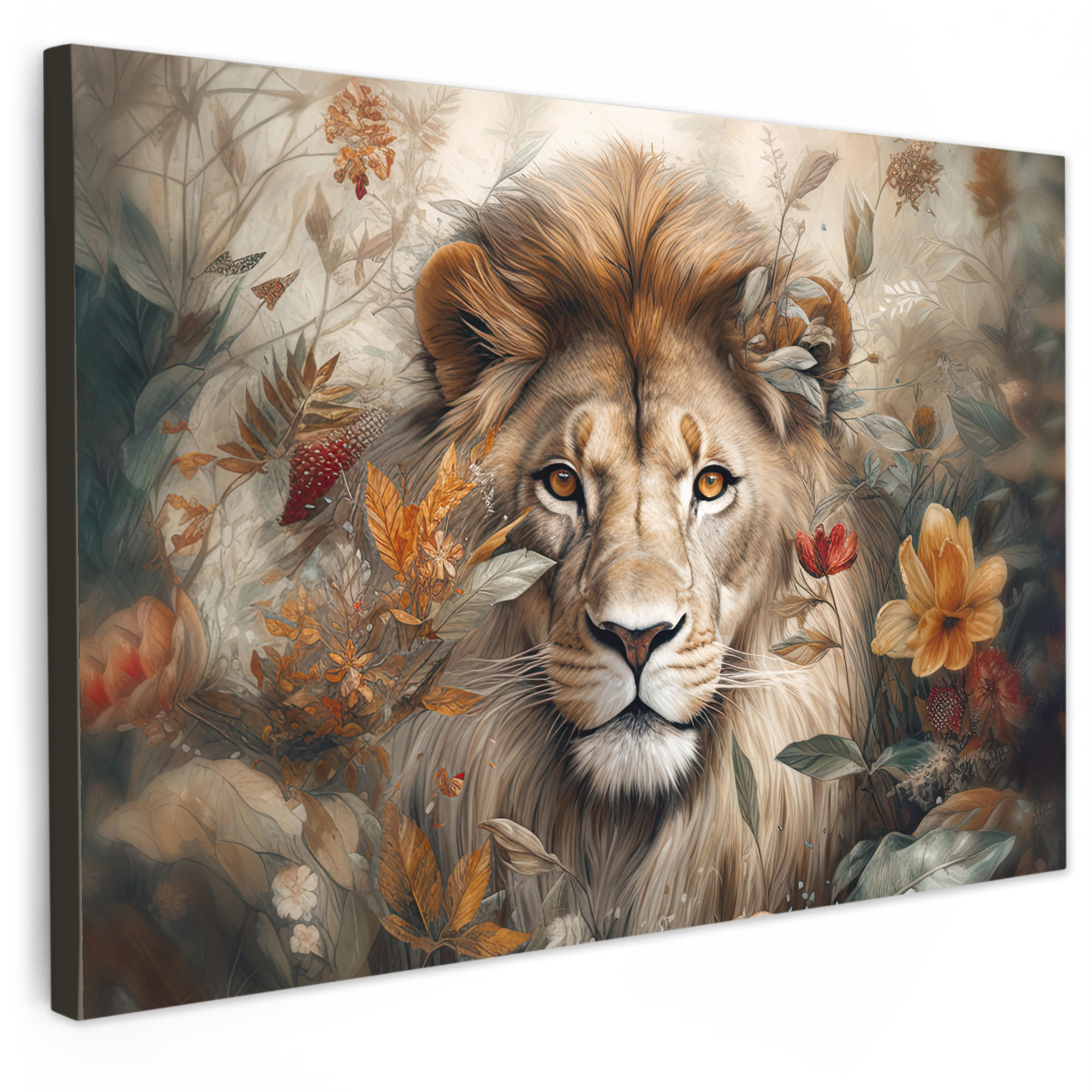 LEINWANDBILD Löwe - Wildtiere - Pflanzen - Natur - Blumen Wanddeko 90x60 cm - Beige, Textil (90/60cm) - MuchoWow