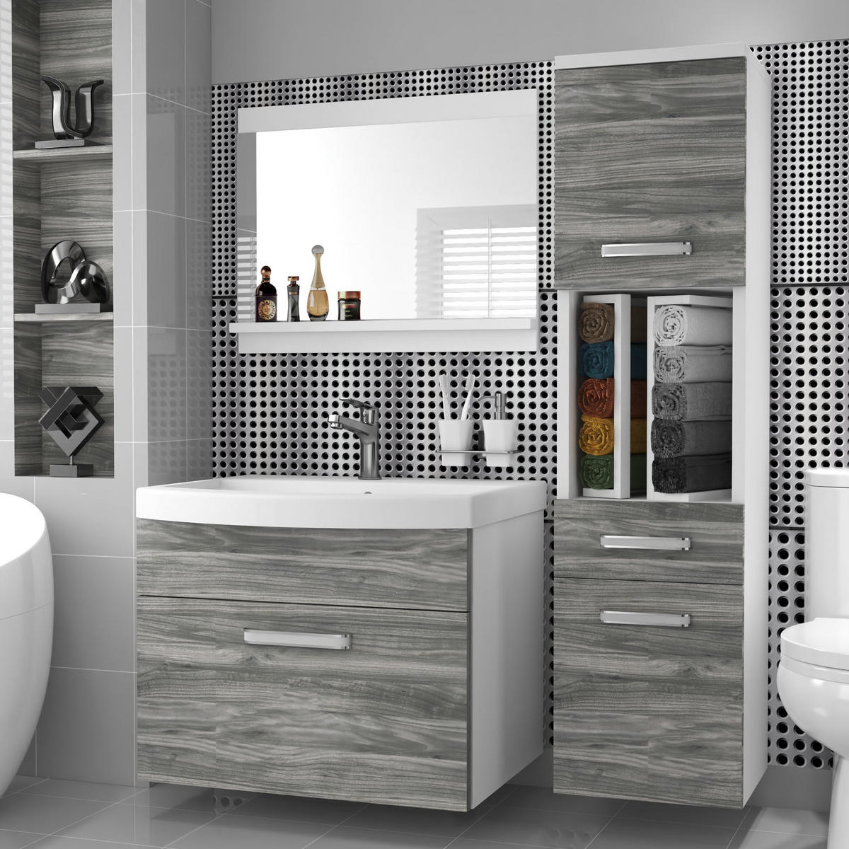 BADMÖBEL Badezimmer SET PRI M3, Glamour Holz Matt, 90 cm - Silberfarben, Holz (38.7/113.5/90cm) - B BELINI GROUP