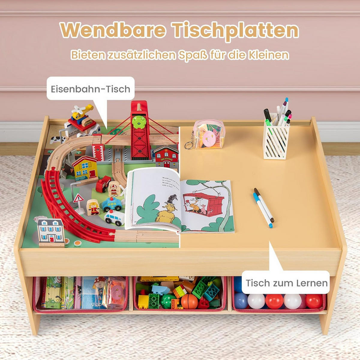 EISENBAHN‑SET aus Holz natur(94-tlg) - Naturfarben, Holzwerkstoff (92/40/64cm) - COSTWAY