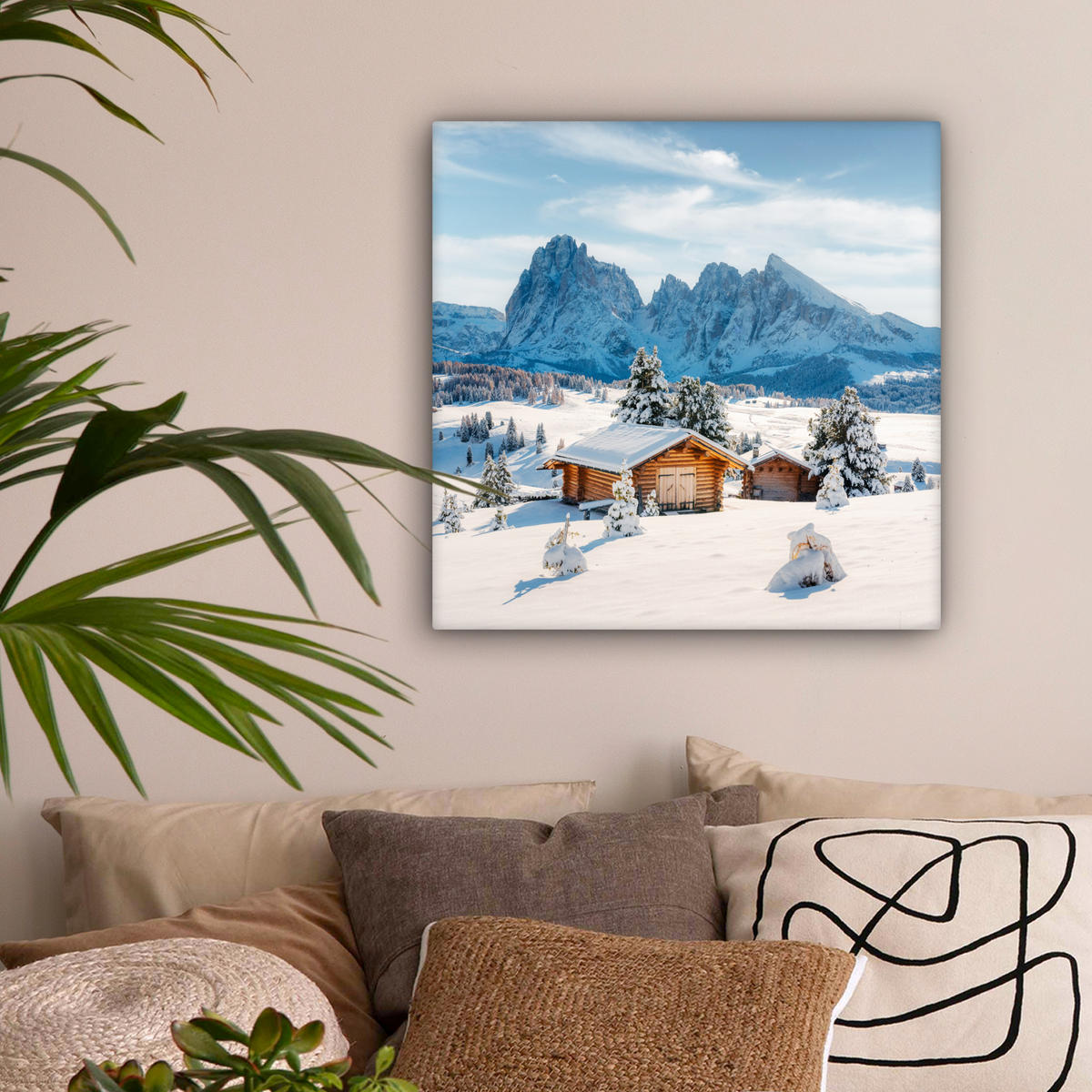 LEINWANDBILD Winter - Hütte - Berge - Aussicht - Schnee 50x50 cm - Eichefarben, Textil (50/50cm) - MuchoWow