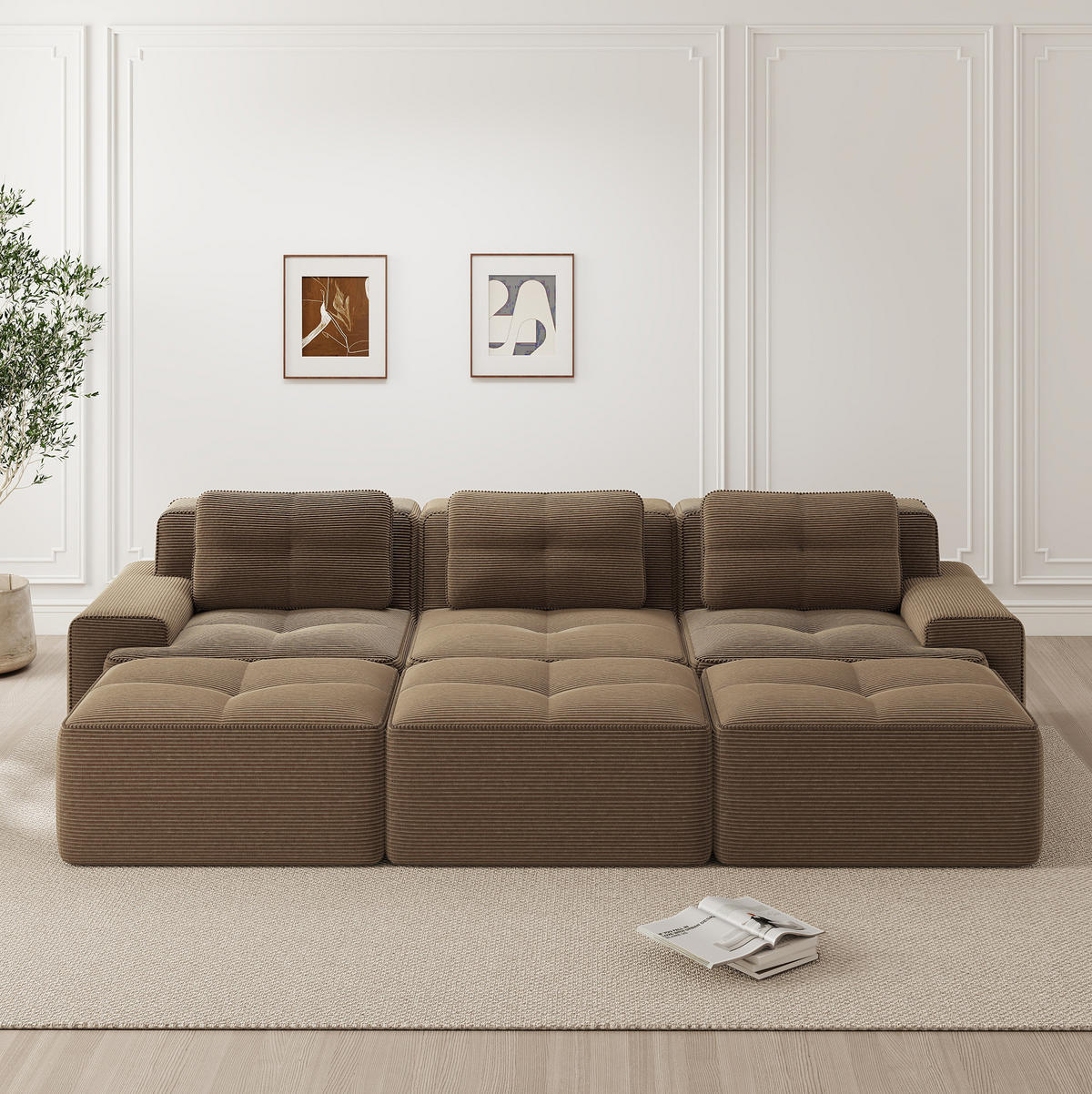 SOFA modular mit Schlaffunktion Corduroy Brown - Braun, Kunststoff (177/69/293.2cm) - Meubliv