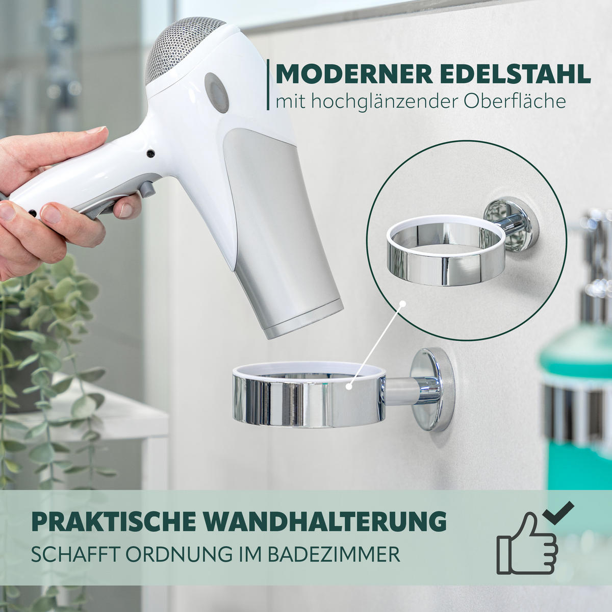 HAARTROCKNERHALTER LUCENTE, Edelstahl - Chromfarben, Metall (10/5.8/14.5cm) - bremermann