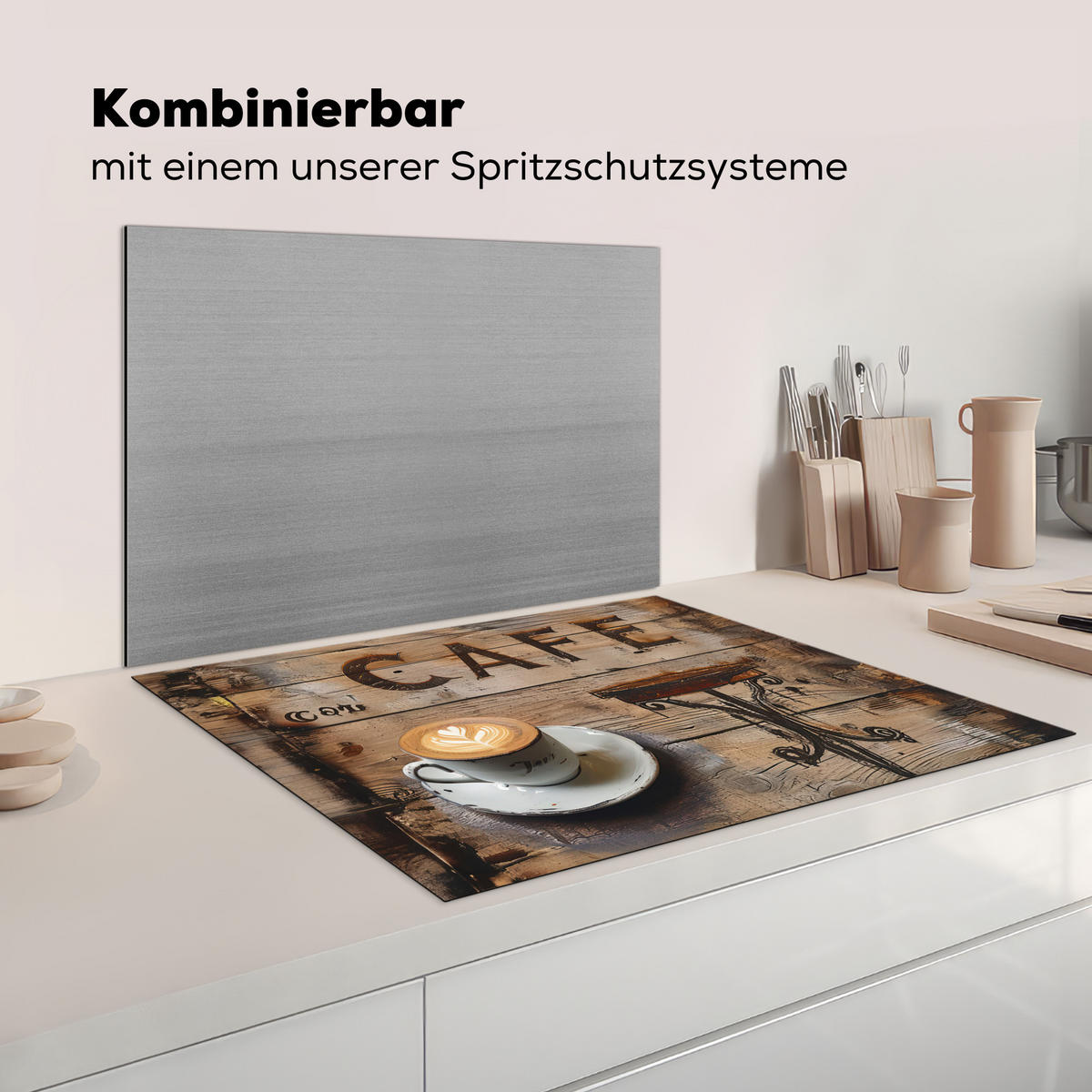 HERDABDECKPLATTE Cafe - Holz - Kaffee - Regale Induktionsmatte 77x59 cm - Schwarz, Kunststoff (77/59/0.2cm) - MuchoWow