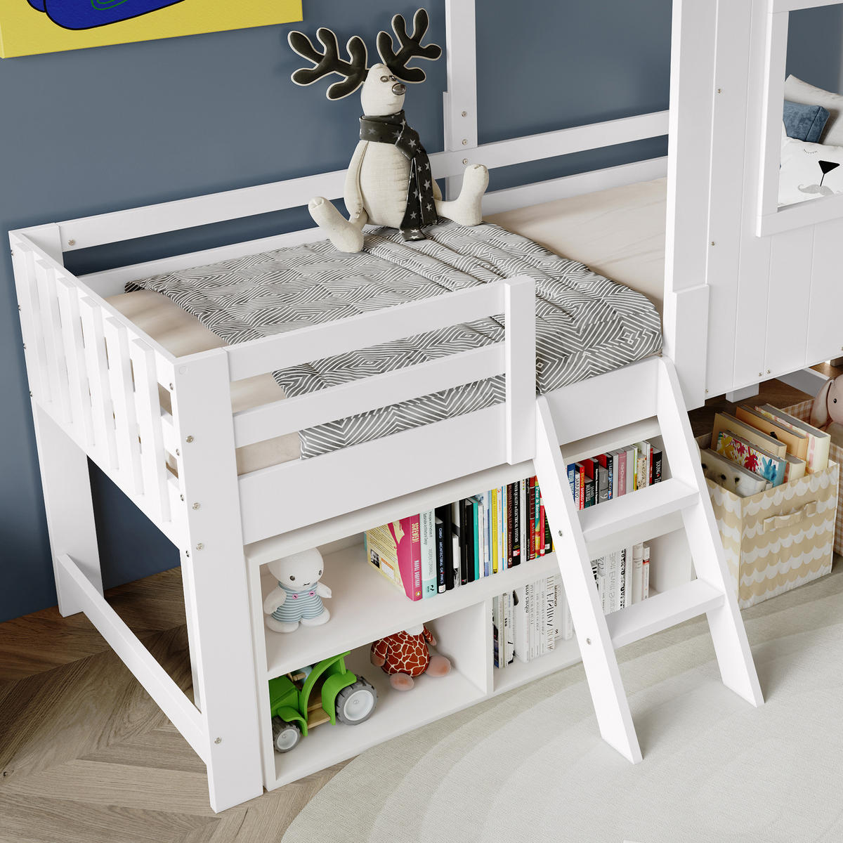 HAUSBETT 90/200 cm Weiß+Natur mit Dach, Fenster und Stauraum - Weiß, Holzwerkstoff (90/200cm) - OKWISH