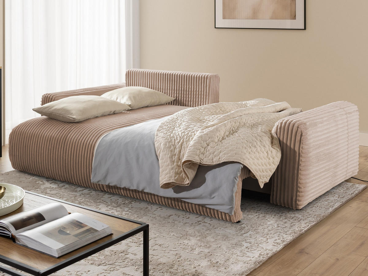 ECKSOFA Calma mit Schlaffunktion und Bettkasten im Bumpy-Design aus weichem Beige Plüschcord - Ottomane links - Beige/Schwarz, Holz/Kunststoff (239/140cm) - S-Style