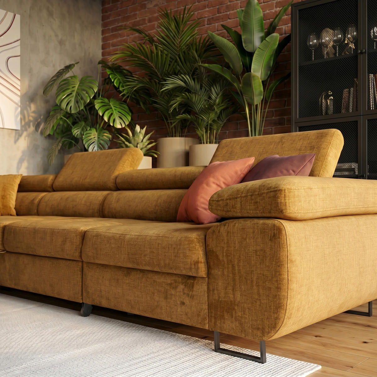 ECKSOFA WILD MAXI L Links mit Schlaffunktion 125x195 Velours Gold - Chromfarben/Goldfarben, Holz/Textil (203/350cm) - Muffo