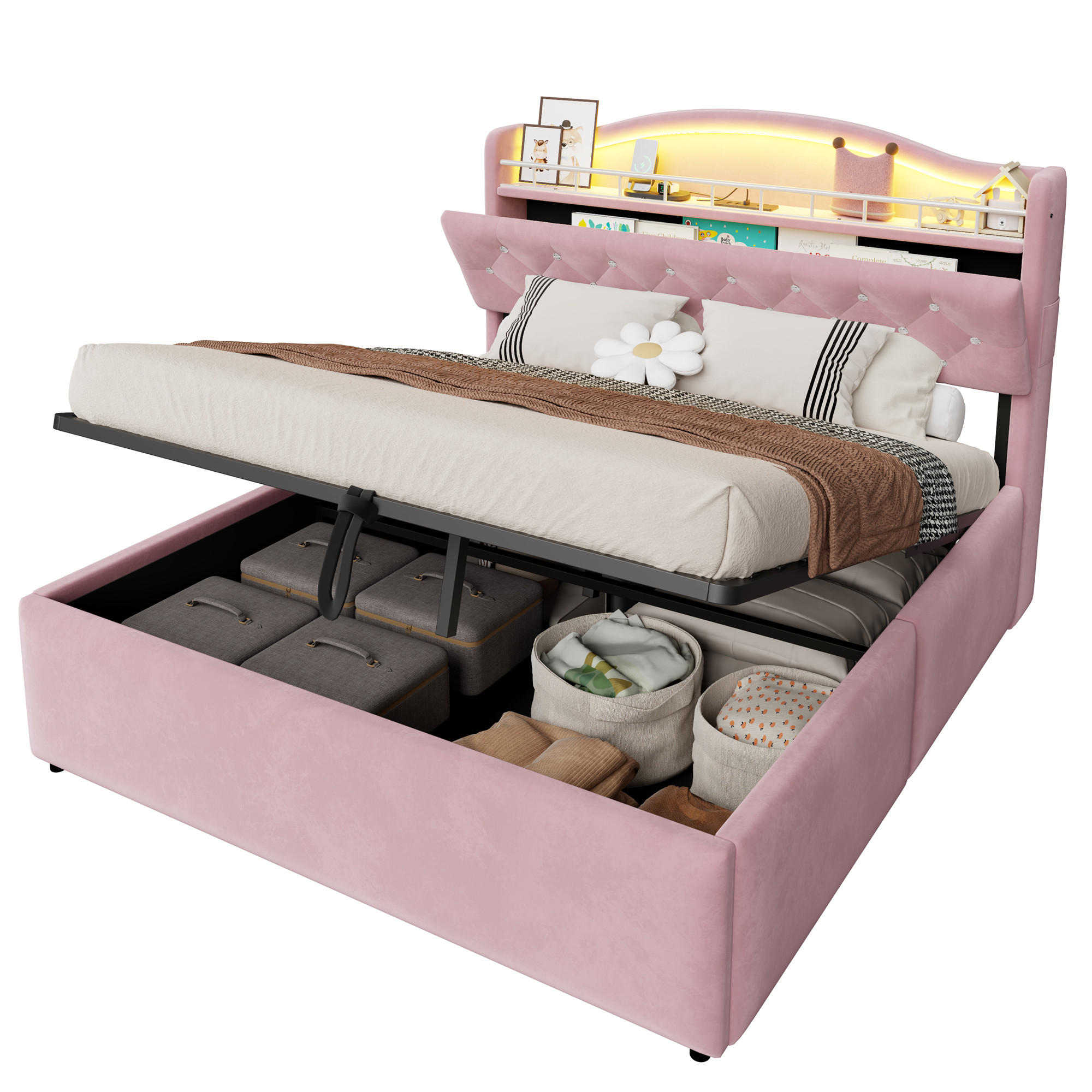POLSTERBETT 140x200cm Samt LED Kopfteil Stauraum USB Rosa - Pink, Metall (140/200cm) - FLIEKS