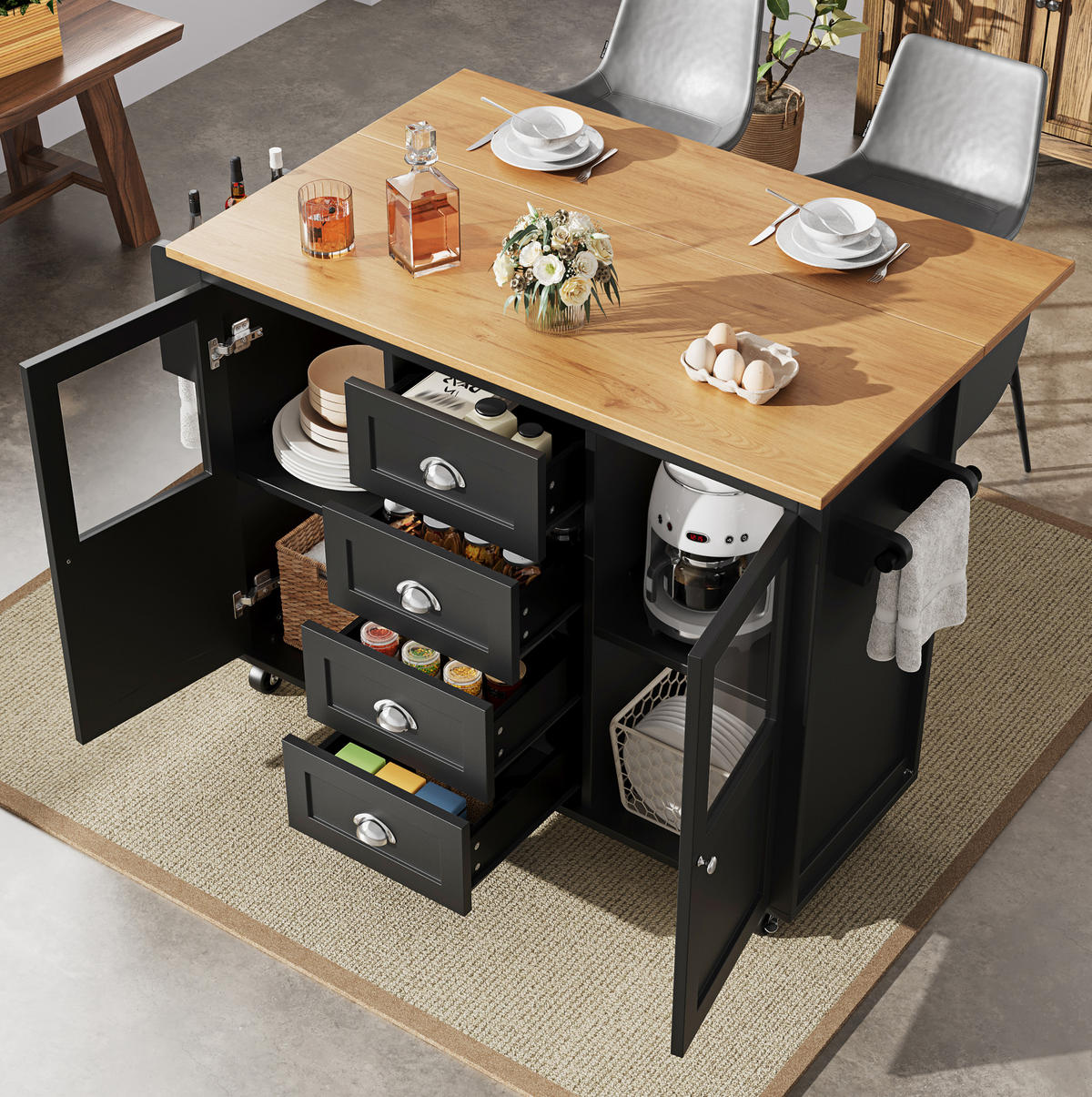 KÜCHENINSEL mit Klapptisch 137,9 x 73 x 92,5 cm Schwarz - Schwarz, Metall (73/92.5/137.9cm) - Beauniv