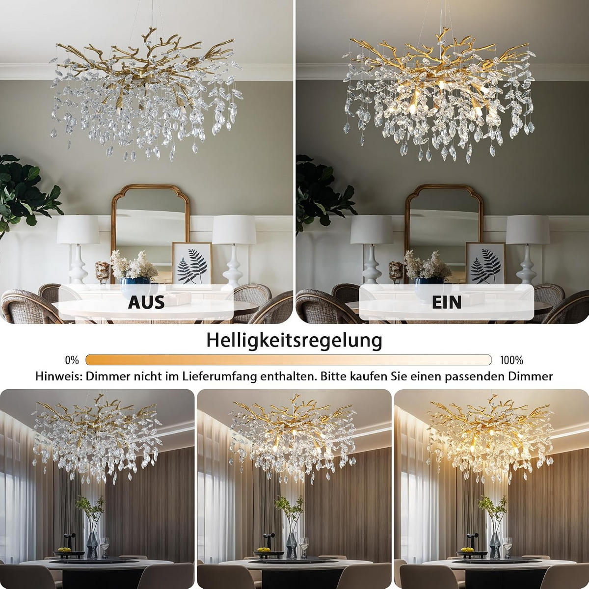 KRONLEUCHTER 76 cm K9‑Kristall Baumzweig Gold für Wohnzimmer und Schlafzimmer - Gelb, Naturmaterialien (74/39/29.5cm) - Surtime