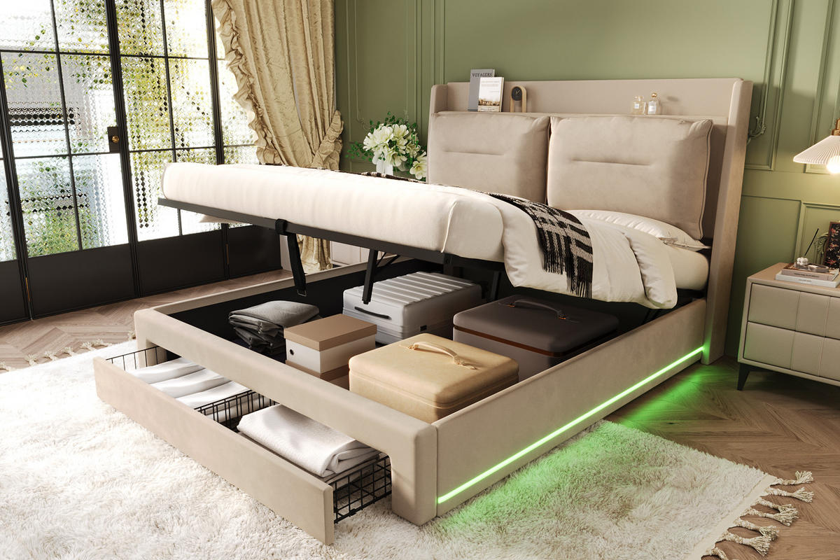 POLSTERBETT 180/200 cm Beige mit hydraulischem Bettkasten und LED-Beleuchtung - Beige, Textil (180/200cm) - OKWISH