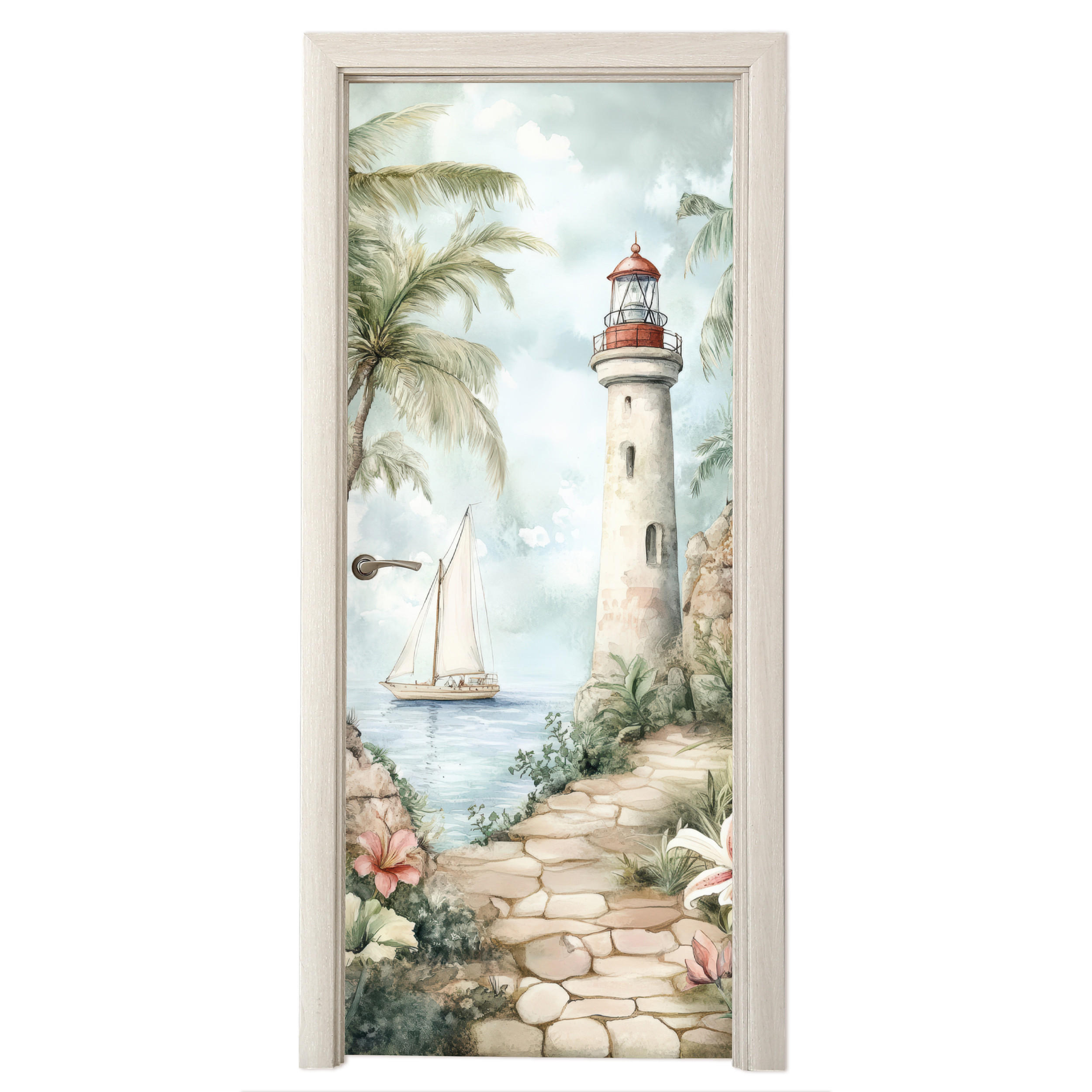 TÜRAUFKLEBER Selbstklebend - Leuchtturm - Natur - Landschaft - Boot 95x235 cm - Türtapete - Eichefarben, Kunststoff (95/0.1cm) - MuchoWow