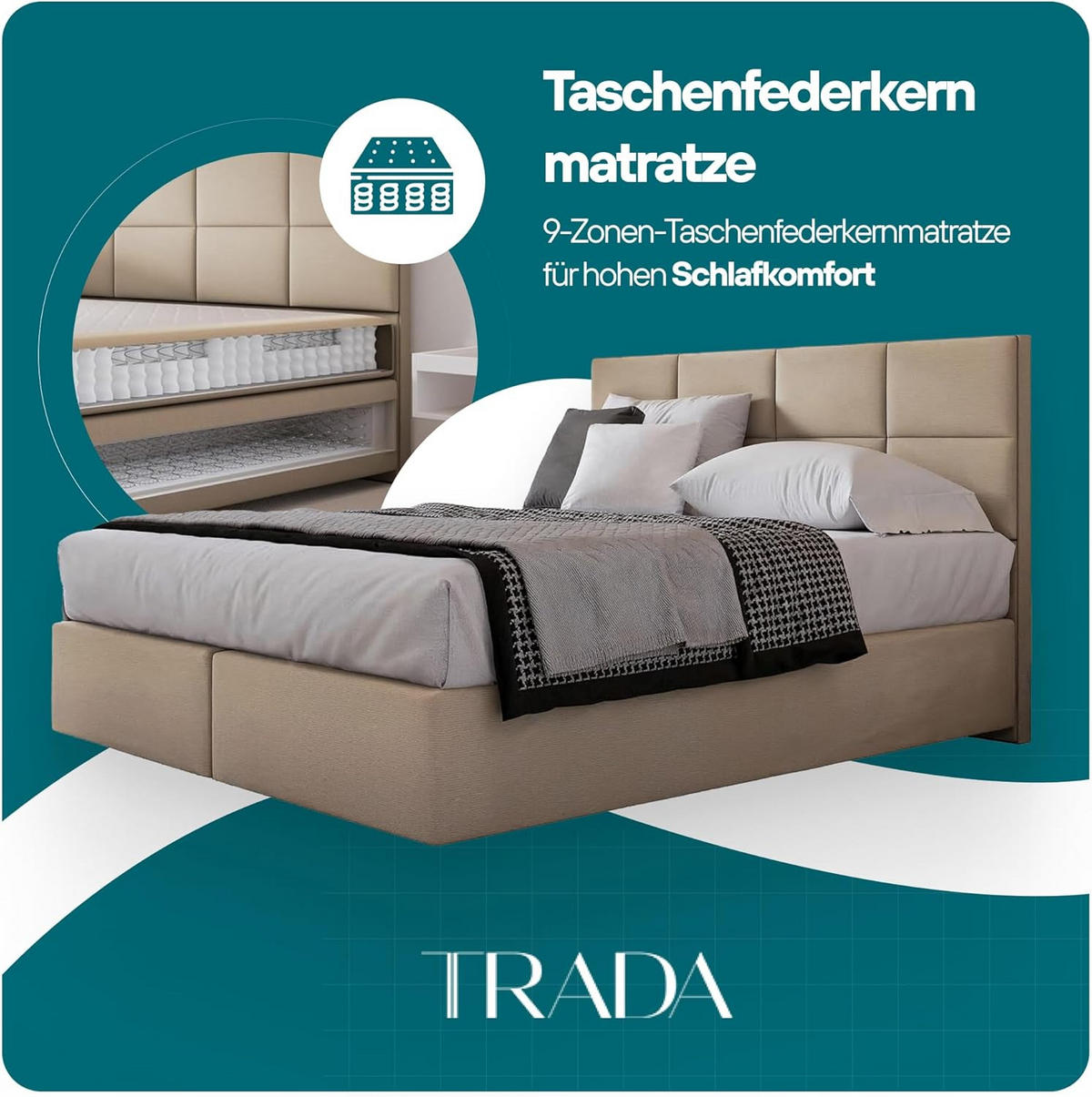 BOXBETT mit Pocket und Bonellmatratze - Mallorca - Sehr Weich Modern Bett ohne Bettkasten - 180x200 cm - Schwarz - Schwarz, Kunststoff (180/200cm) - Trada