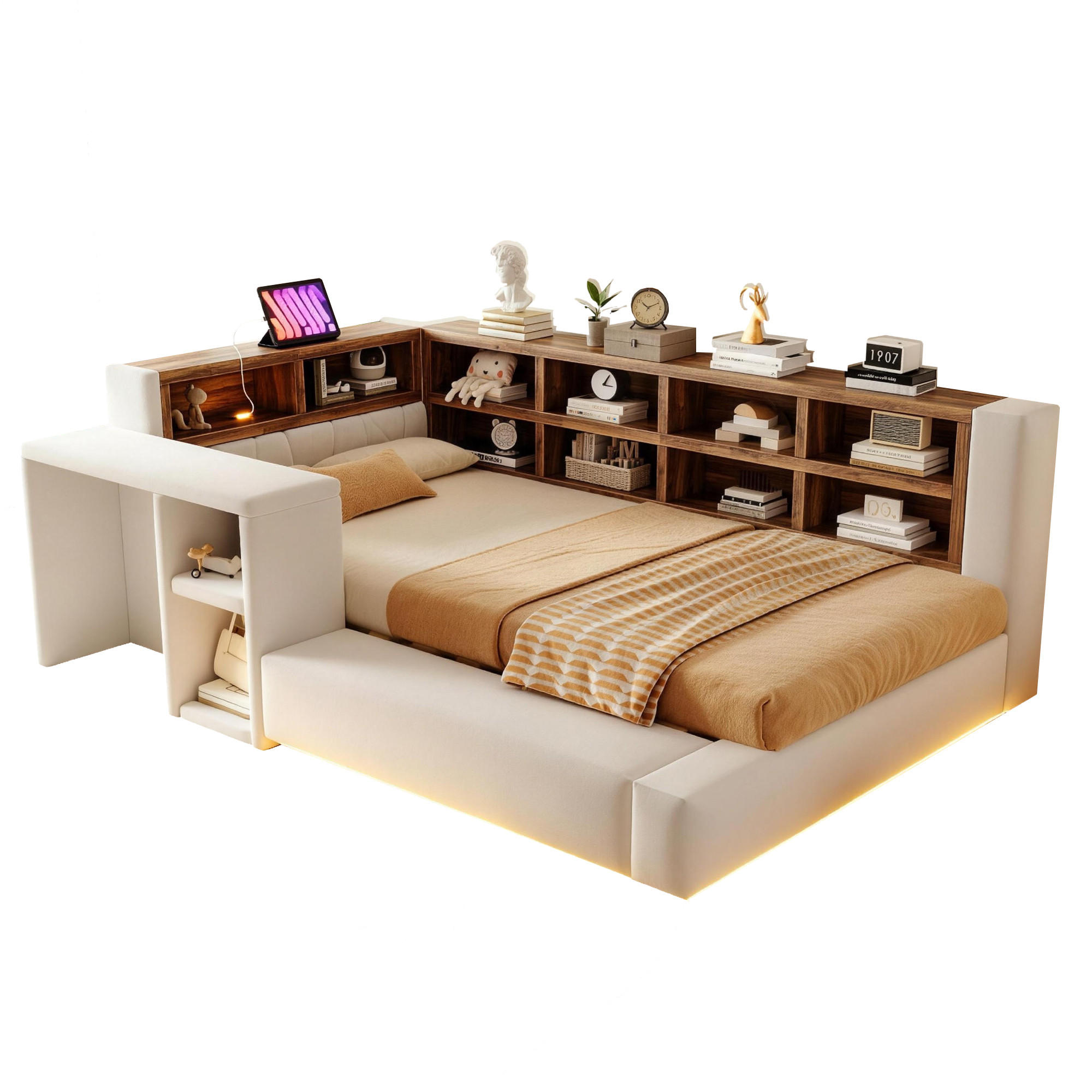 POLSTERBETT 90/200 cm in Beige mit Staufächern, LED, Steckdosen und Beistelltisch aus Samt, gepolstertem Kopfteil - Beige, Holzwerkstoff/Textil (90/200cm) - STILVORA