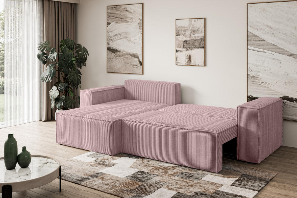 ECKSOFA mit Schlaffunktion und Bettkasten CELTIC-XL - 277x143x83 cm Rosa Cord - Schwarz/Rosa, Holzwerkstoff/Kunststoff (277/143cm) - ALTDECOR