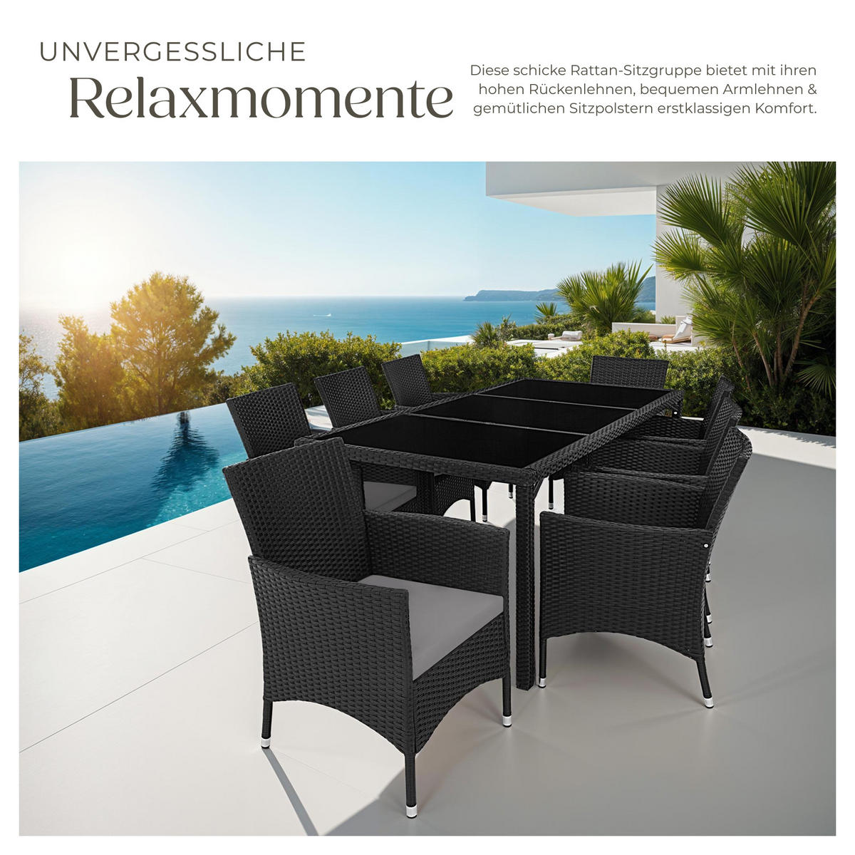 RATTAN SITZGRUPPE Almansa,inklusive Schutzhülle,schwarz/grau - Schwarz/Grau, Kunststoff - tectake