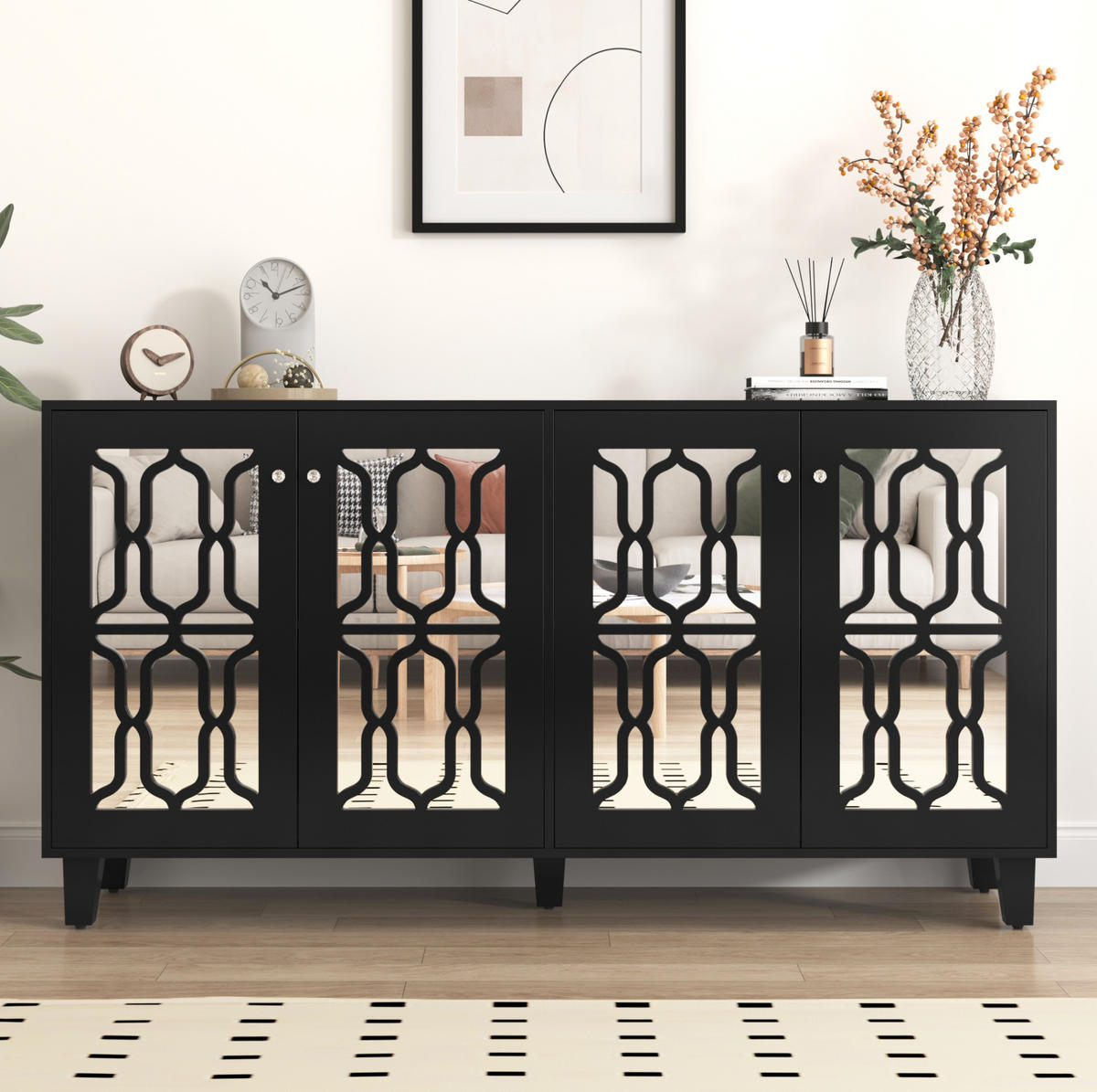 SIDEBOARD 160/40/84 cm in Schwarz mit 4 Türen und Spiegelfront - Schwarz, Holzwerkstoff (160/84/40cm) - Flora Grace