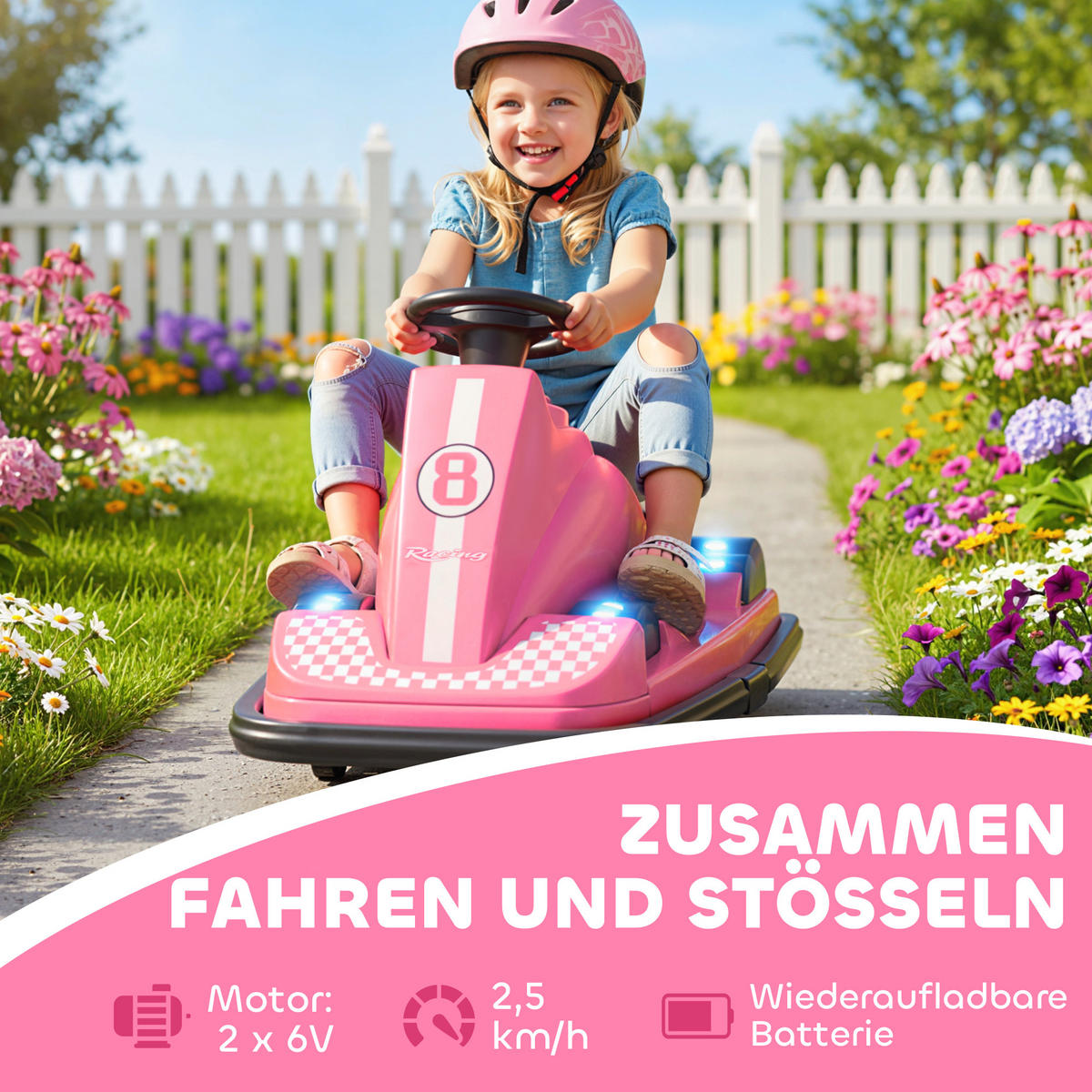 AUTOSCOOTER DE-06270 360° drehbar mit Lenkrad und LED-Lichtern Rosa - Pink, Kunststoff/Metall (74/53/48cm) - ComfortXL