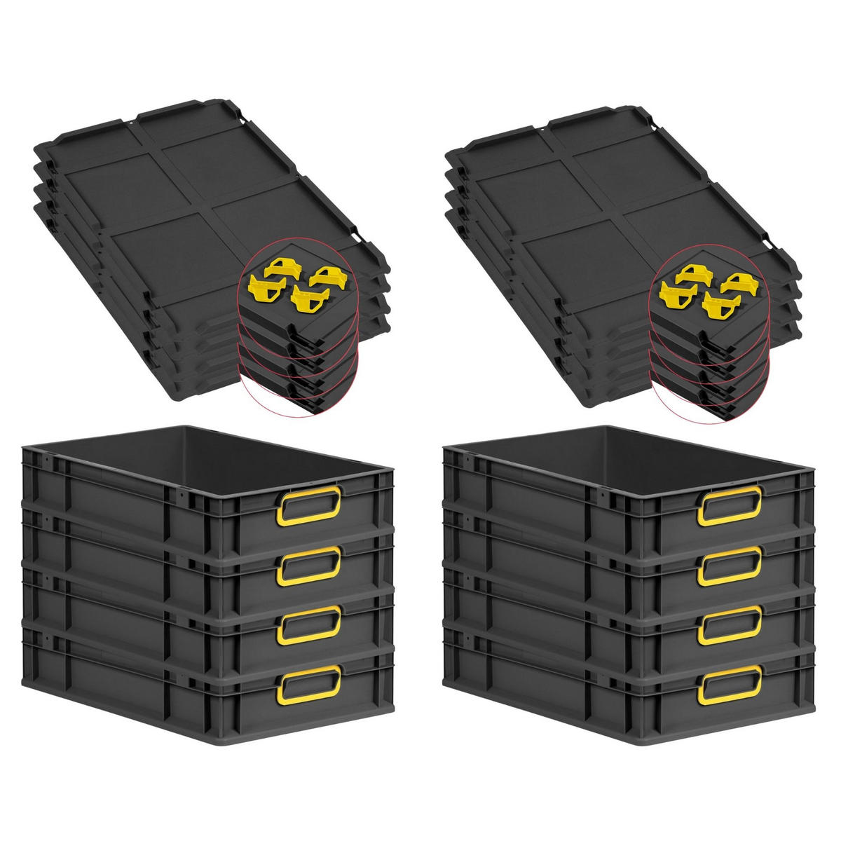 EUROBOX 8x NextGen Color mit Auflagedeckel 12x40x60 cm 23 Liter Schwarz Griffe gelb zu - Gelb/Schwarz, Kunststoff (40/12/60cm) - PROREGAL