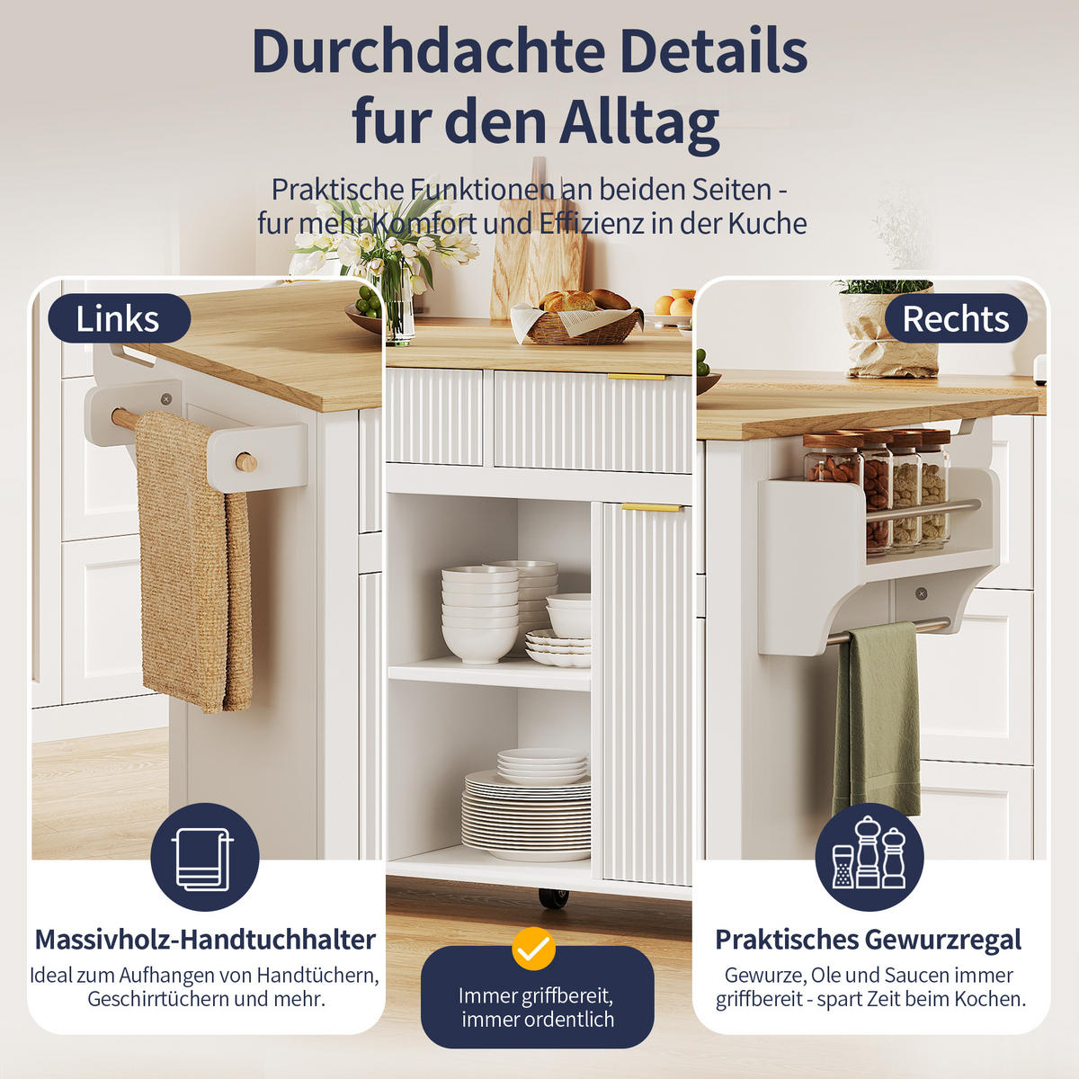KÜCHENINSEL auf Rollen 143/45/89.5 cm Weiß mit klappbarer Arbeitsplatte, 2 Schubladen und Stauraum - Weiß, Holz/Holzwerkstoff (45/89.5/143cm) - Oxeza