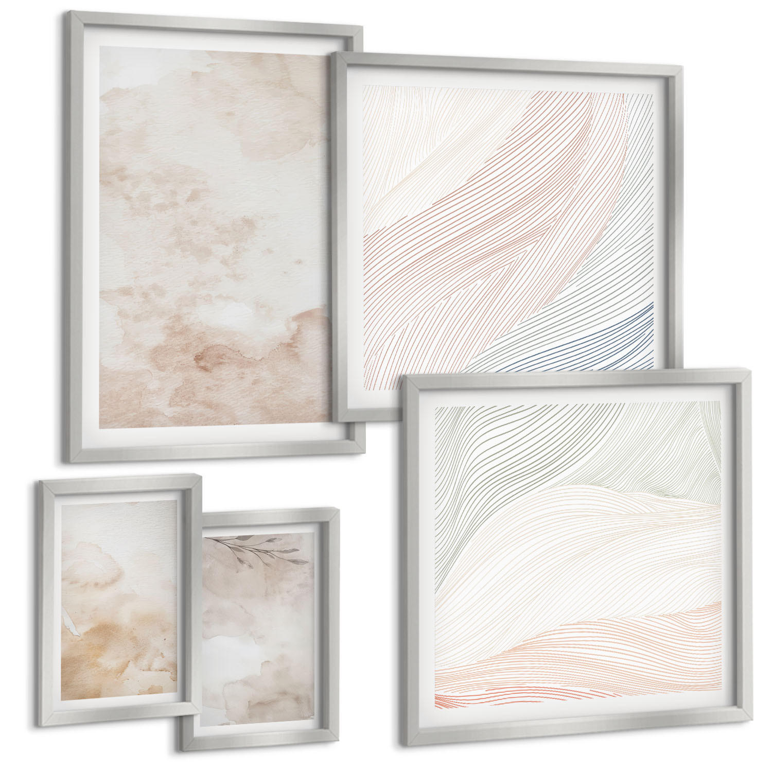 BILDER SET 5er Set - 50x50 cm & 20x30 cm & 40x60 cm Silberner Rahmen - Aquarellblätter in Pastellfarben - Silberfarben, Kunststoff (40/60cm) - TULUP
