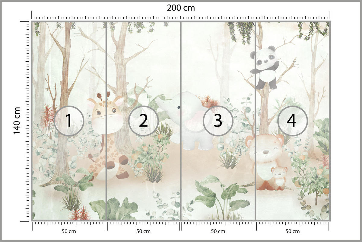 FOTOTAPETE für Kinder Tiere Wald Pflanzen 200x140 - Beige/Orange, Papier (200/140cm) - Muralo