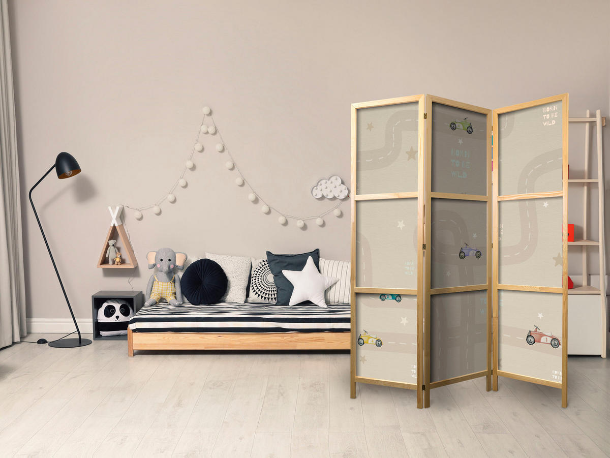 PARAVENT Japanischer 3-tlg 135x172 cm Retro Autos f r Kinder - Beige, Holz/Textil (135/172/3cm) - Muralo