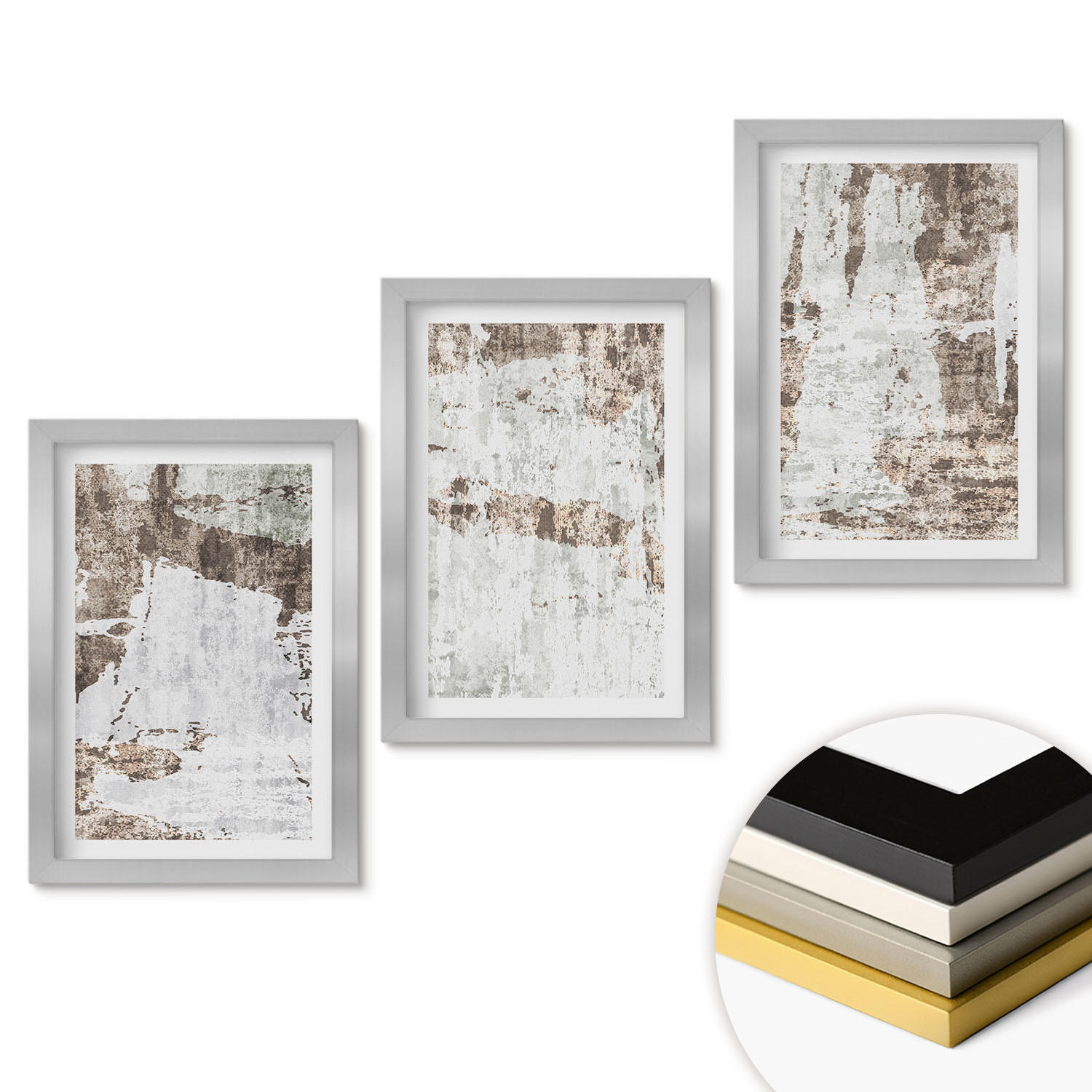 WANDBILDER 3er Set - 20x30 cm Silberner Rahmen - Abstrakte Muster, weiß, braun - Silberfarben, Kunststoff (20/30cm) - ArtPrintCave