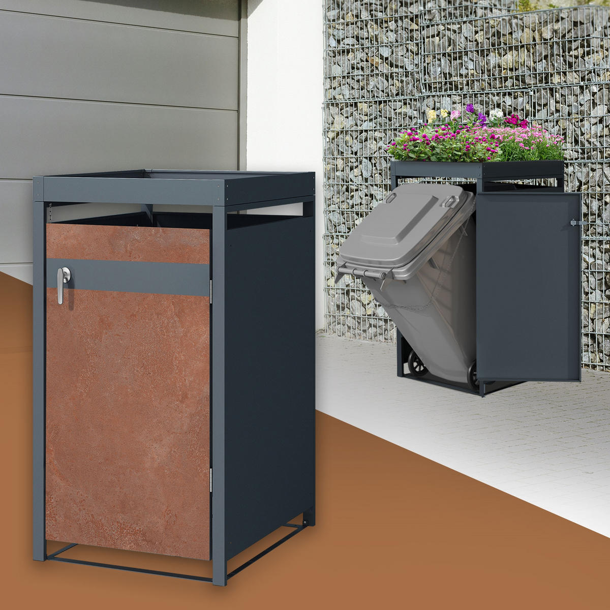 MÜLLTONNENBOX 1er mit Pflanzdach Anthrazit-Rostoptik - Rotbraun, Metall (80/124/68cm) - ML-DESIGN
