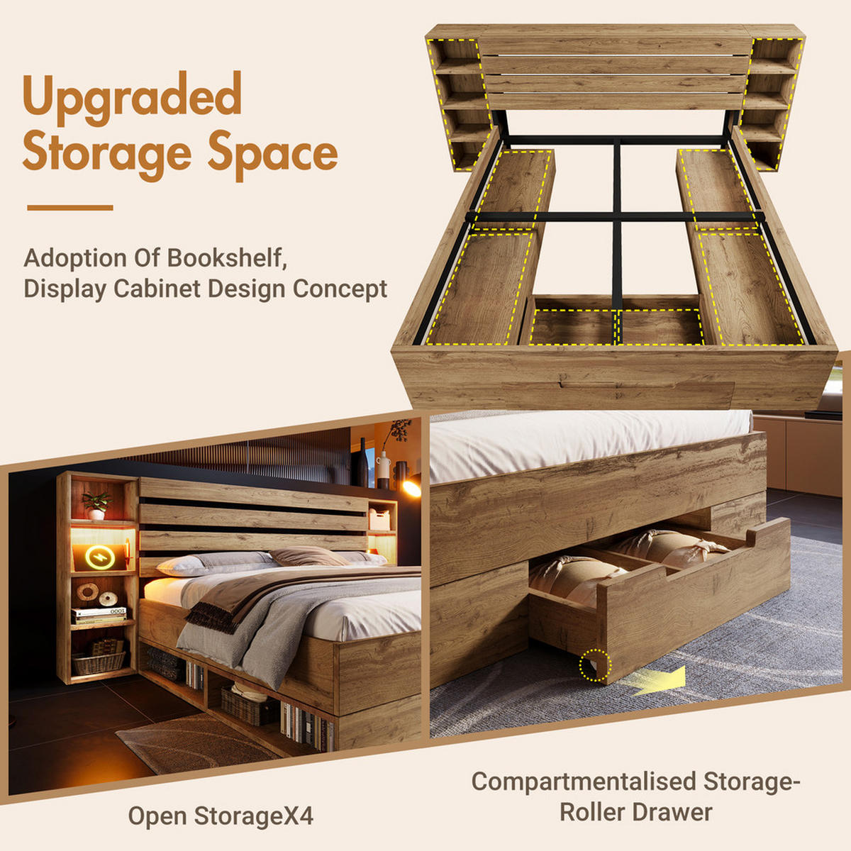 DOPPELBETT 180x200cm Massivholzbett LED-Beleuchtung USB-C Stauraum Eiche - Braun, Holz - FLIEKS