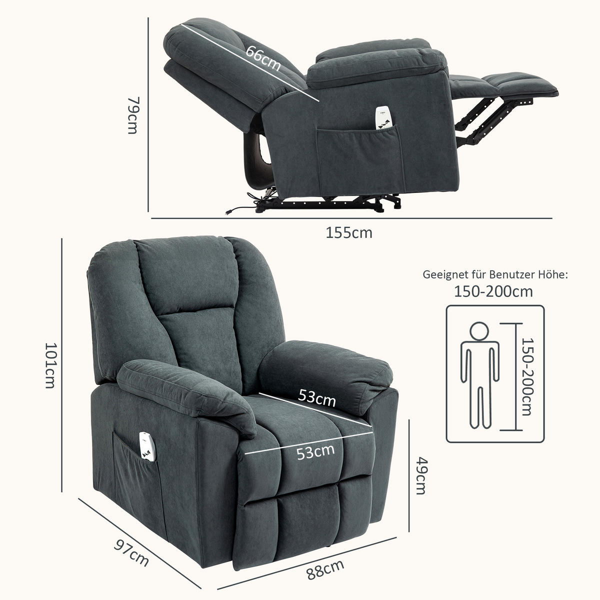 ELEKTRISCH Relaxsessel Fernsehsessel mit Liegefunktion Wärmefunktion Fußteil - Dunkelgrau, Textil (88/101/97cm) - HOMCOM