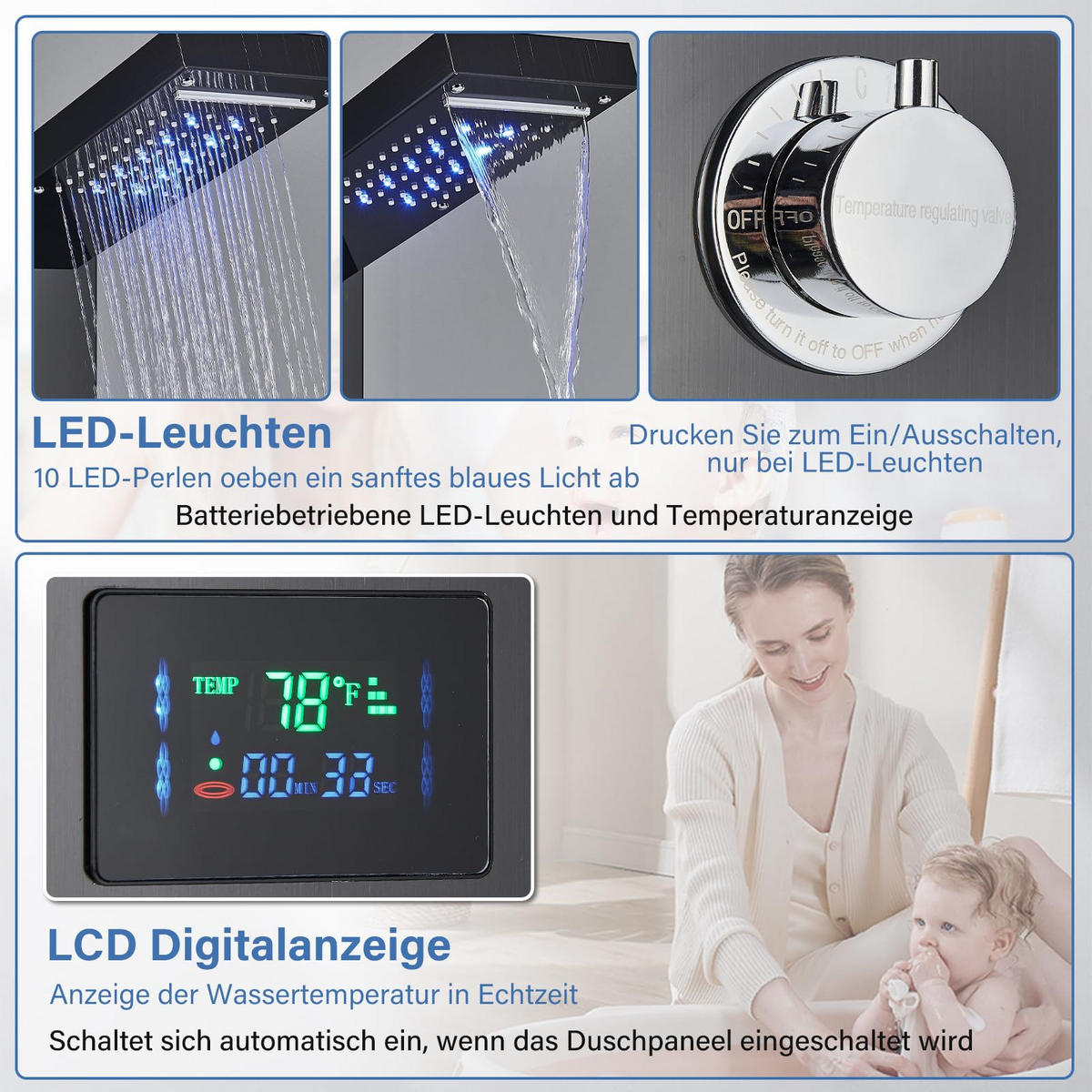 ÜBERKOPFBRAUSESET Edelstahl Hydromassage LED Digitalanzeige Schwarz - Schwarz, Metall (16/121/39cm) - Kaket