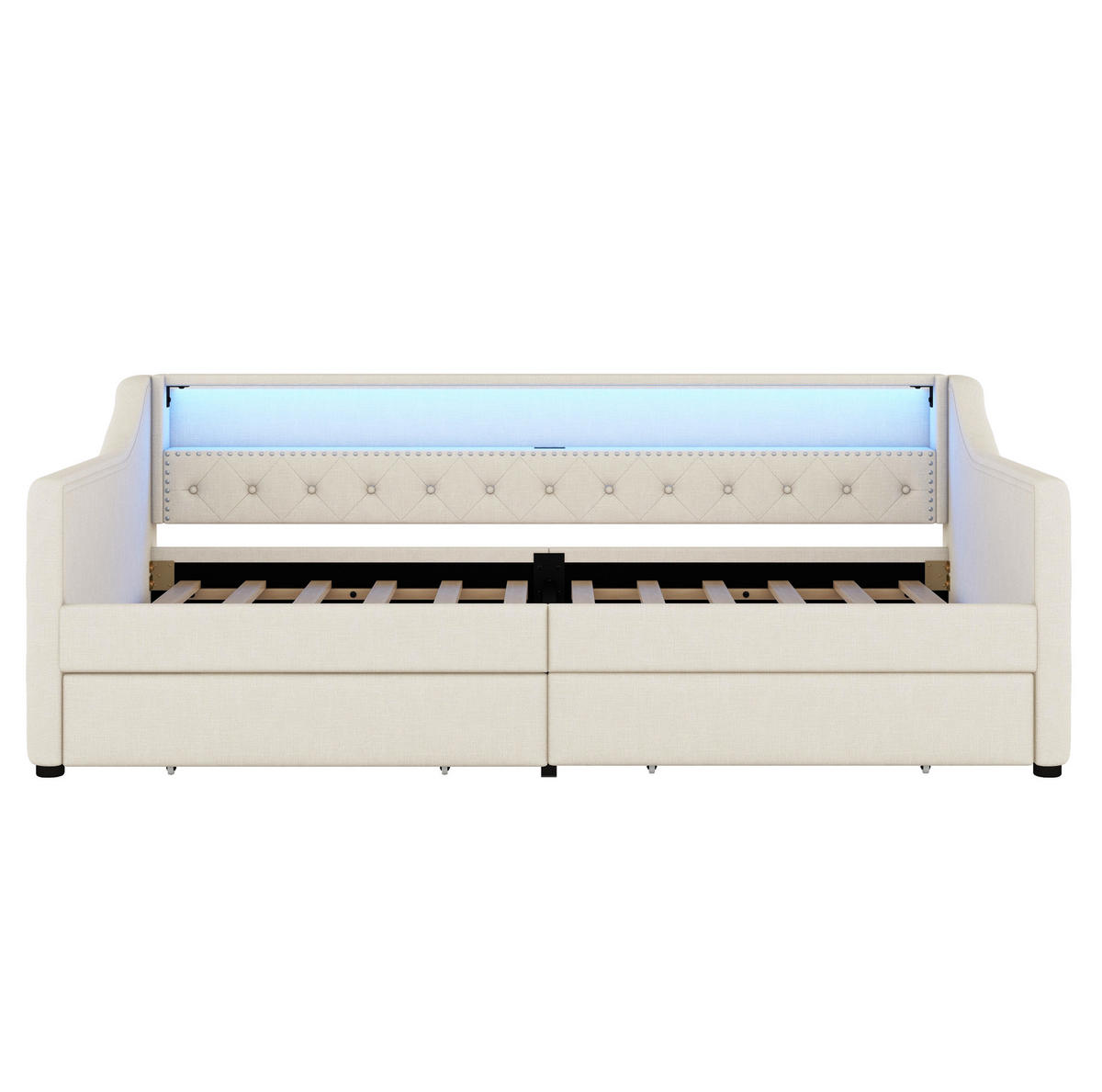 POLSTERBETT aus Leinen 90x200 cm in Beige mit LED-Beleuchtung & USB-Ladebuchse - Beige, Textil (90/200cm) - Modfu