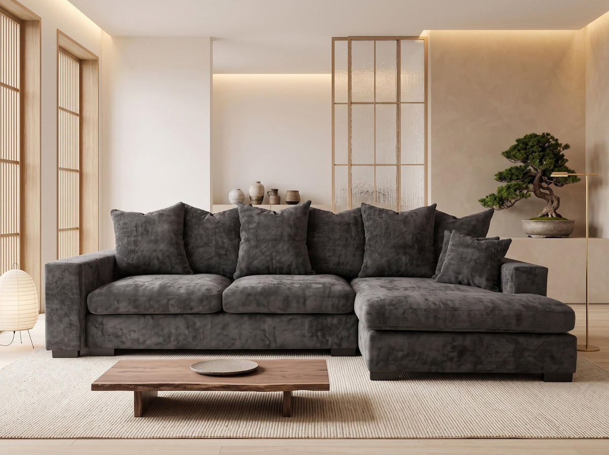 ECKSOFA Dahlia mit Schlaffunktion und Bettkasten in L-Form Rechts - Anthrazit Chenille 285/92/155 cm - Anthrazit/Schwarz, Kunststoff/Textil (155/285cm) - WFL GROUP