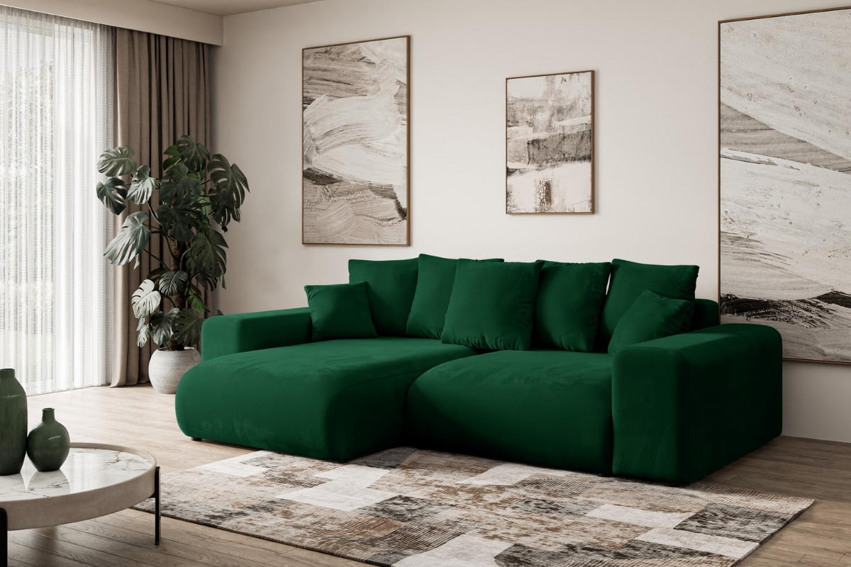 ECKSOFA mit Schlaffunktion und Bettkasten ESKAR-L 256x165x84cm Grün Velours - Schwarz/Grün, Holzwerkstoff/Kunststoff (165/256cm) - ALTDECOR